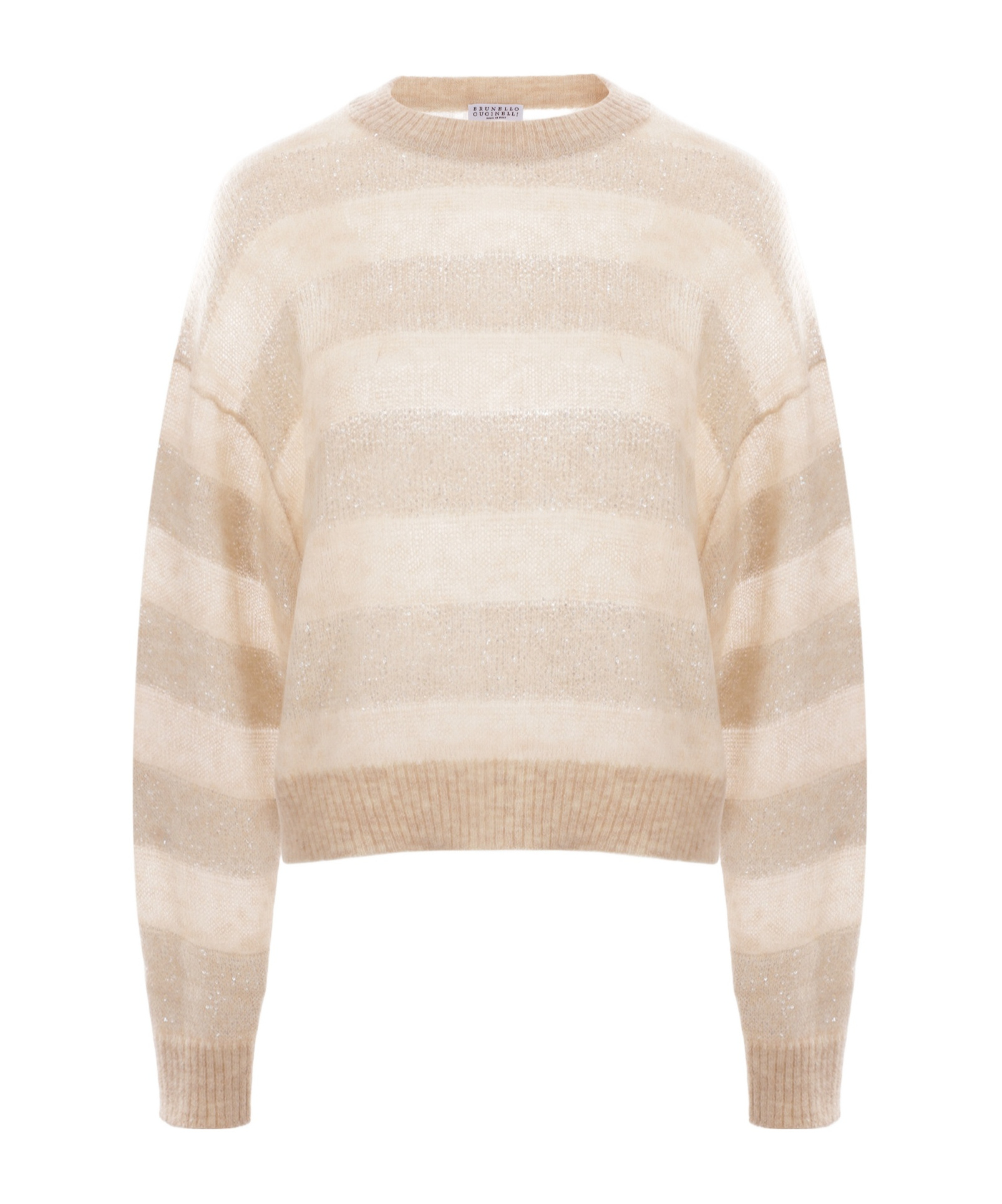 Brunello Cucinelli Striped Wool Crewneck Sweater In Nude