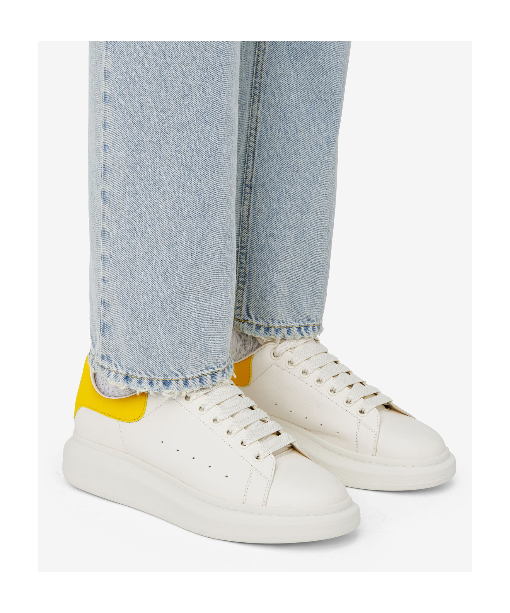 Alexander Mcqueen Perforated Platform Round Toe Sneakers In White/yellow