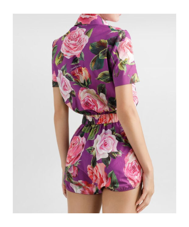 Dolce & Gabbana Cotton Playsuit With Rose Print In Multicolor