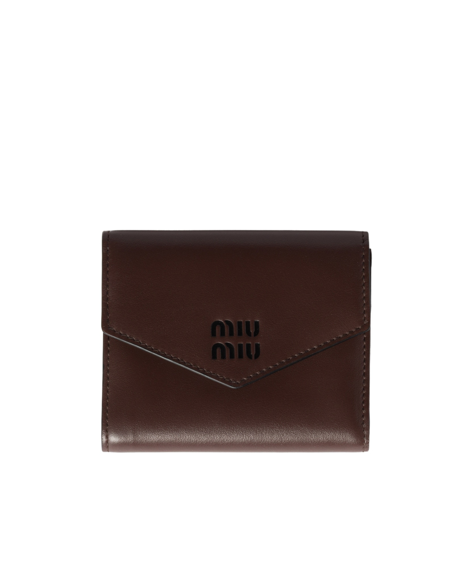 Miu Miu Compact Leather Wallet Fold-over Flap In Brown