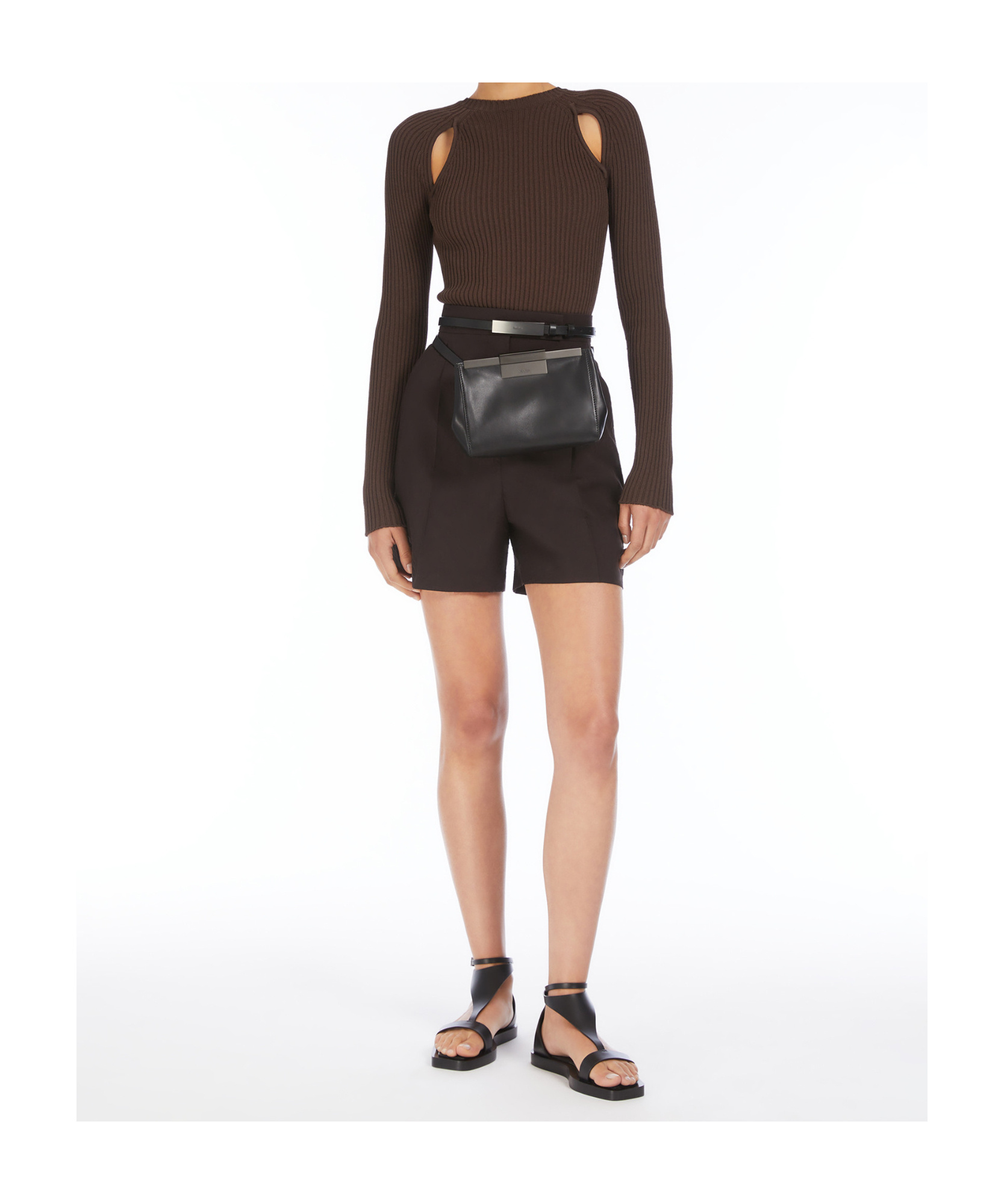 Max Mara Ribbed Brown Top With Cut-out Shoulder Details In Black