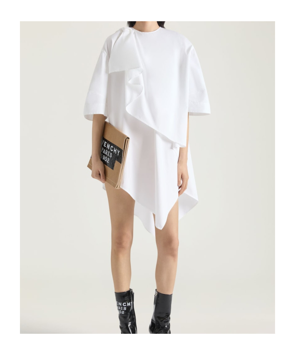 Givenchy Asymmetric Shirt Dress In Cotton Poplin With Bow Detail In White