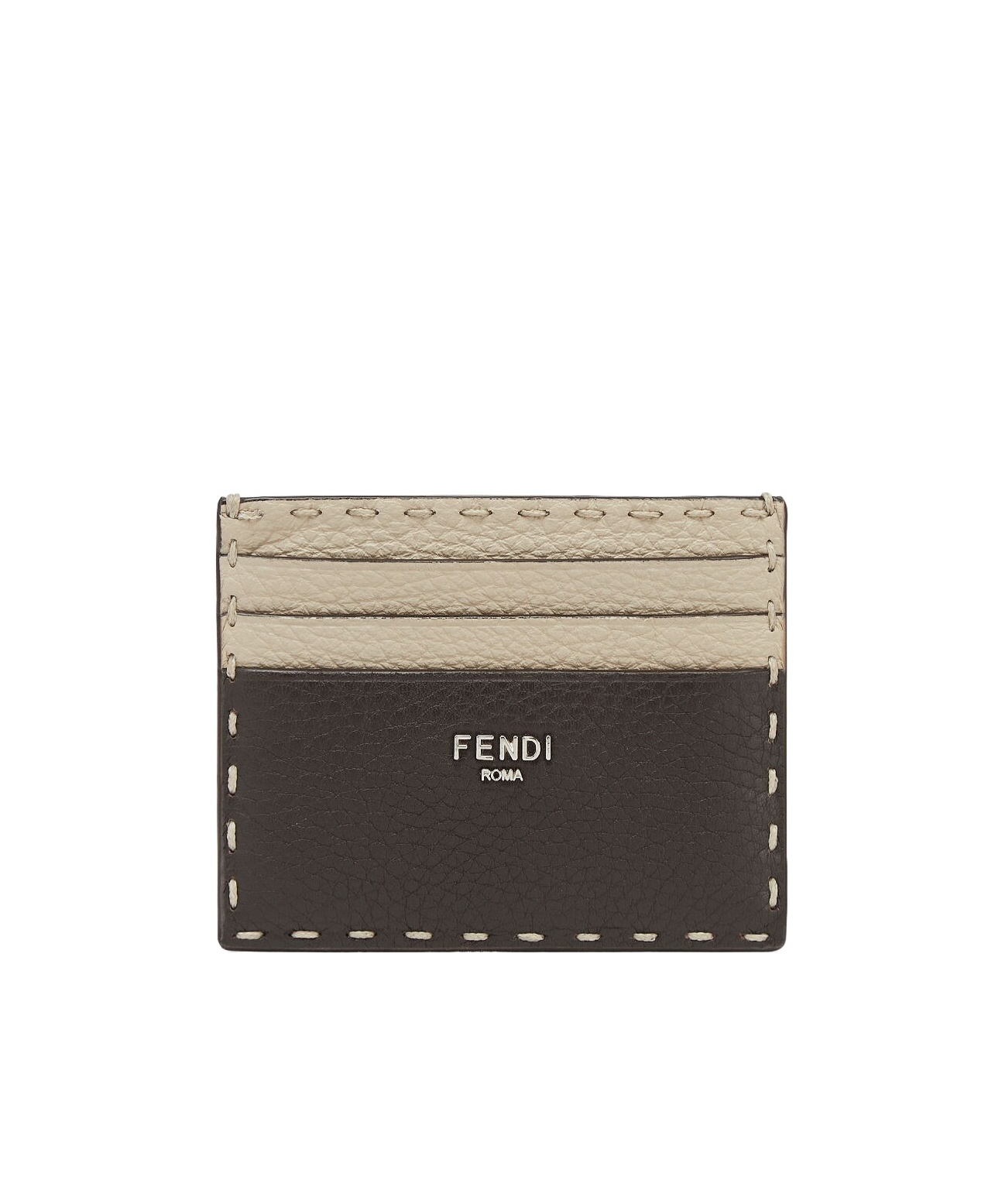 Fendi Brown Selleria Card Holder With 100 Hand-sewn Topstitches In Black