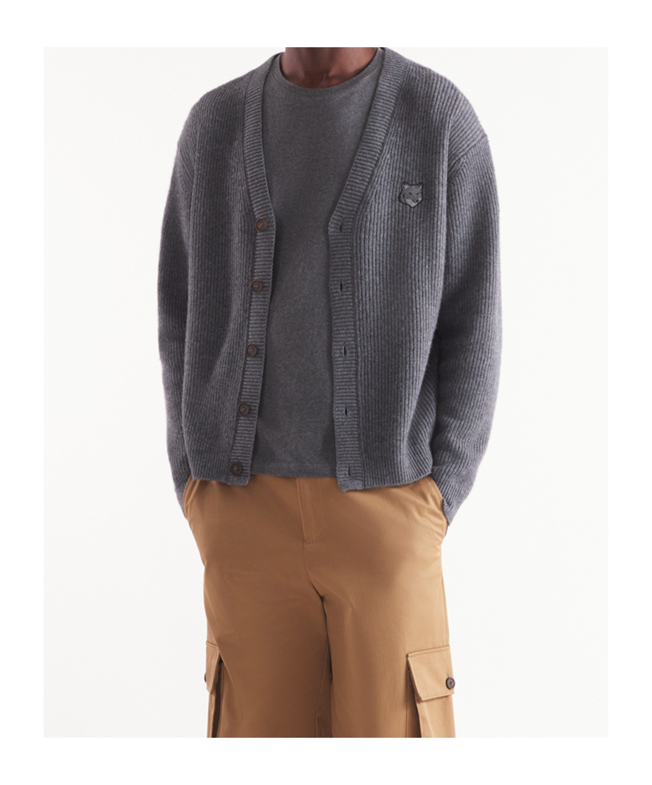 Shop Maison Kitsuné Bold Fox Head Patch Knitted Cardigan In Gray