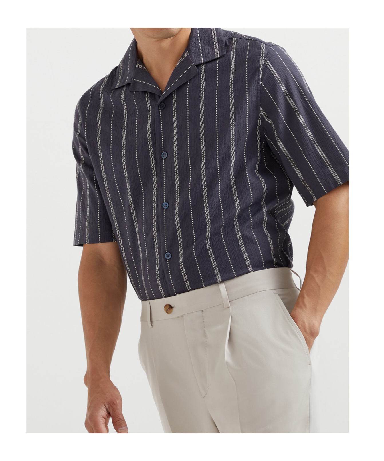 Brunello Cucinelli Textured Stripe Seersucker Easy Fit Short Sleeve Shirt With Camp Collar In Blue