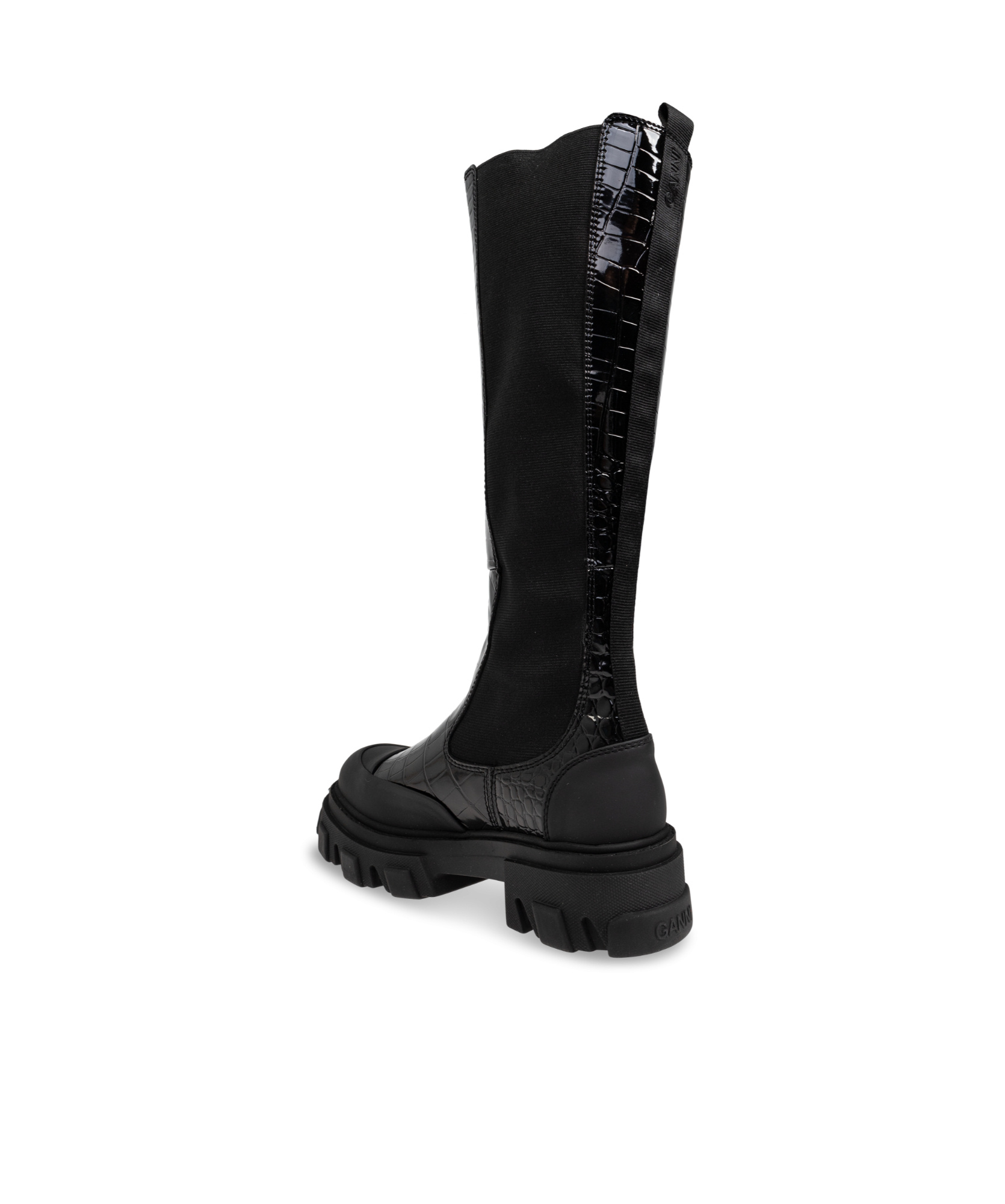 Ganni 50mm Crocodile-embossed Knee-high Boots In Black