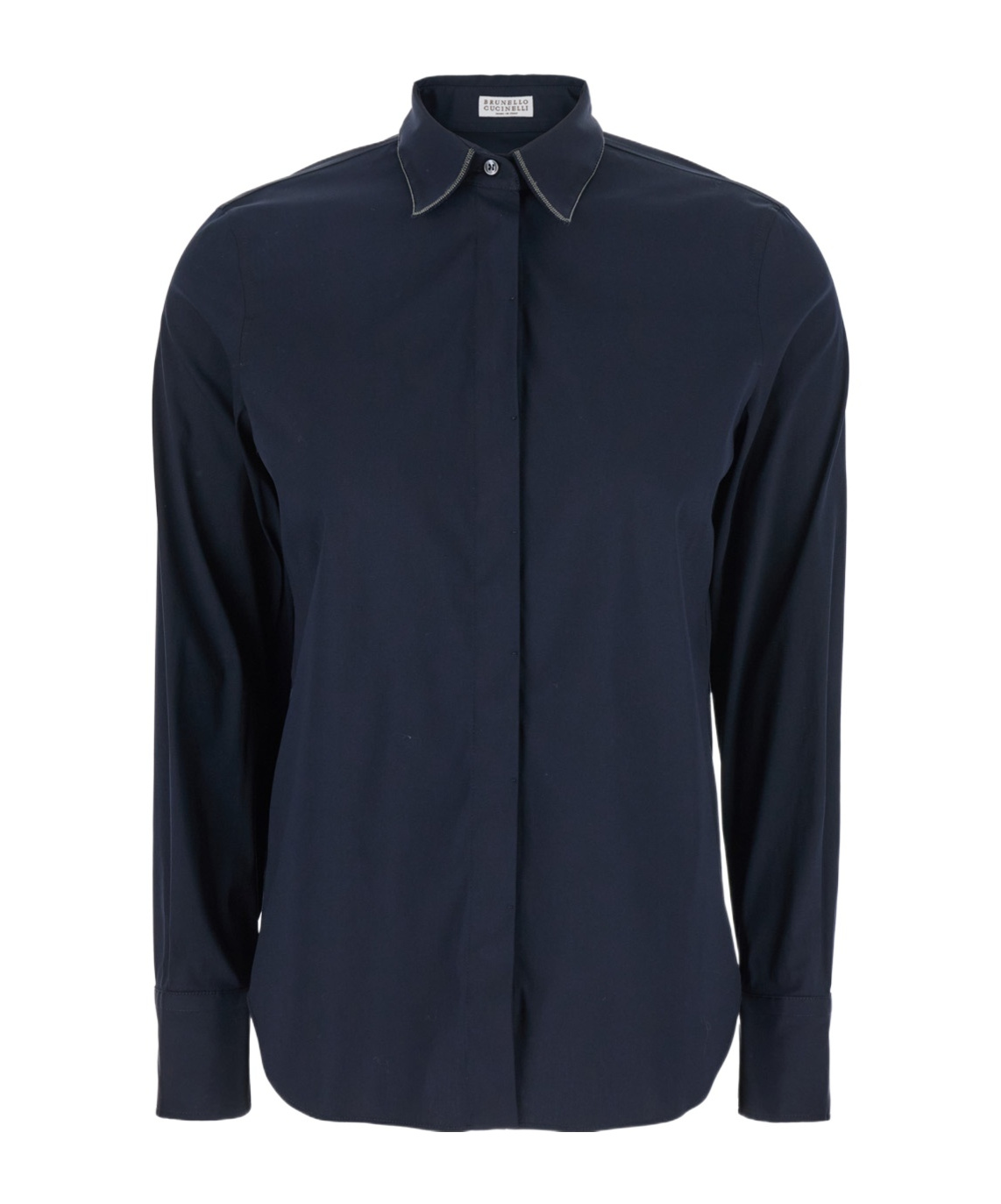 Brunello Cucinelli Blue Shirt With Pointed Collar And Monil Detail On The Collar