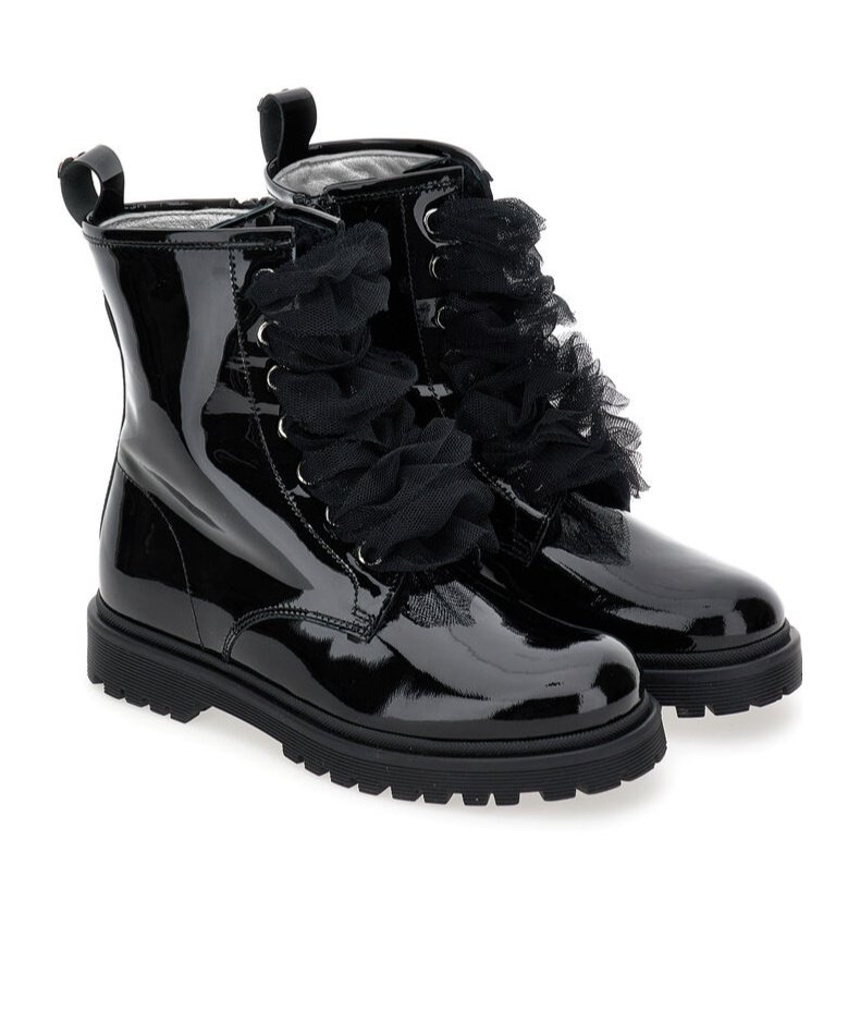 Monnalisa Ruffled Patent-leather Combat Boots In Black