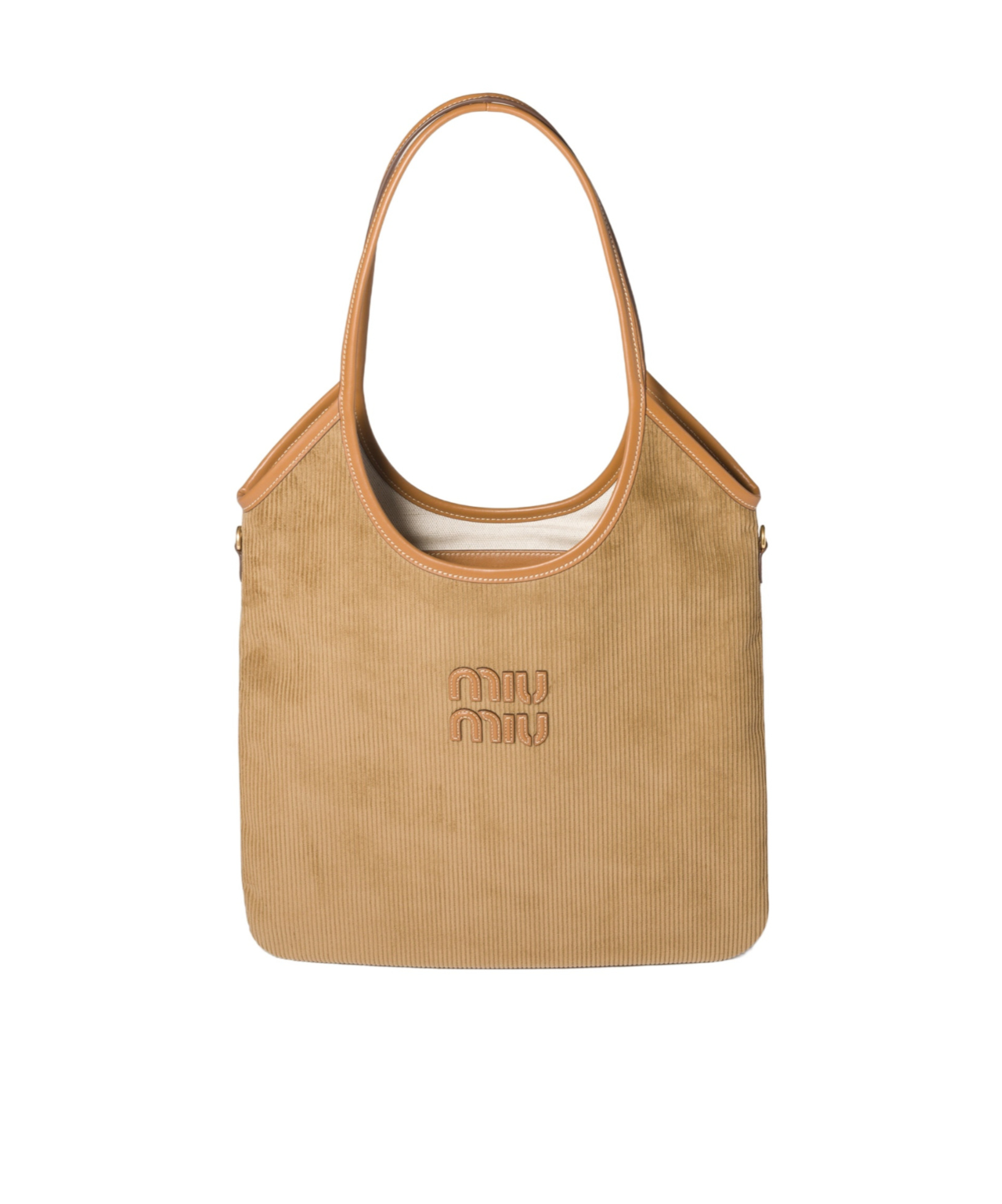 Miu Miu Corduroy Leather Handle Ivy Tote Bag In Brown