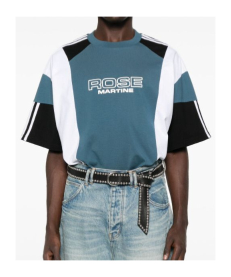 Martine Rose Panelled Short-sleeve Crew Neck T-shirt With Graphic Accents In Blue