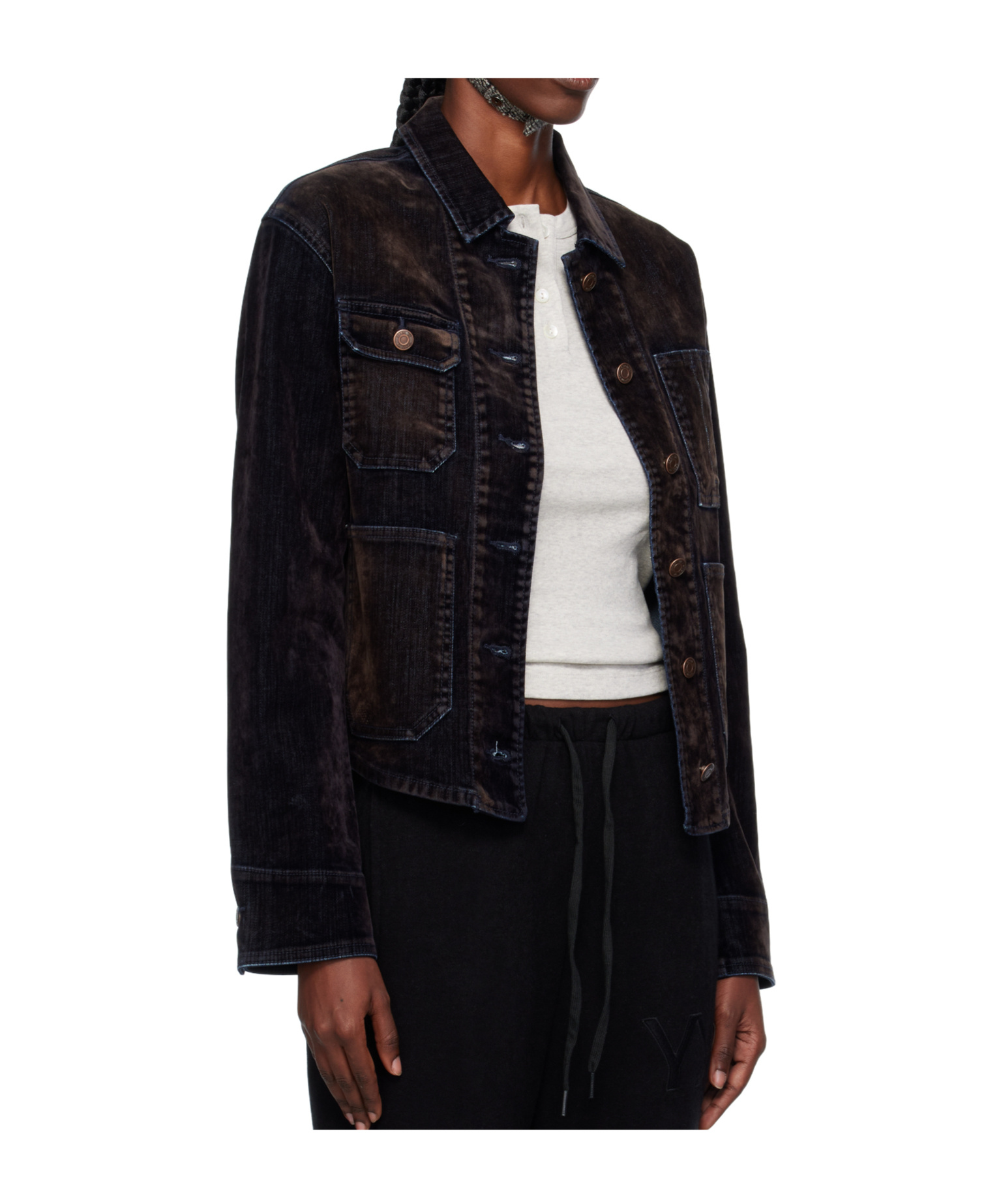 Open Yy Velvet Denim Trucker Jacket In Black