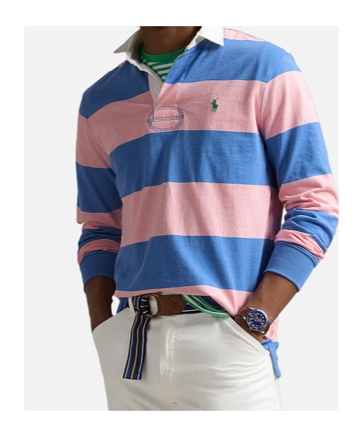 Polo Ralph Lauren Mens Rugby Striped Cotton-jersey Polo Shirt Pink Xxl In Blue