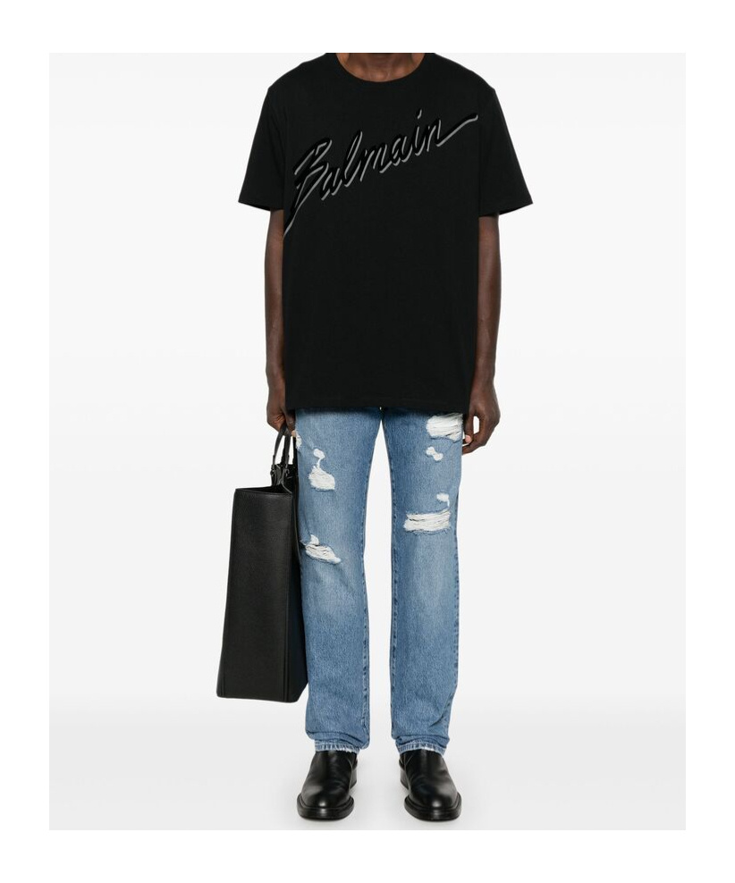 Balmain Men Black T-shirt With Logo Lettering On The Front In Cotton Man In Black