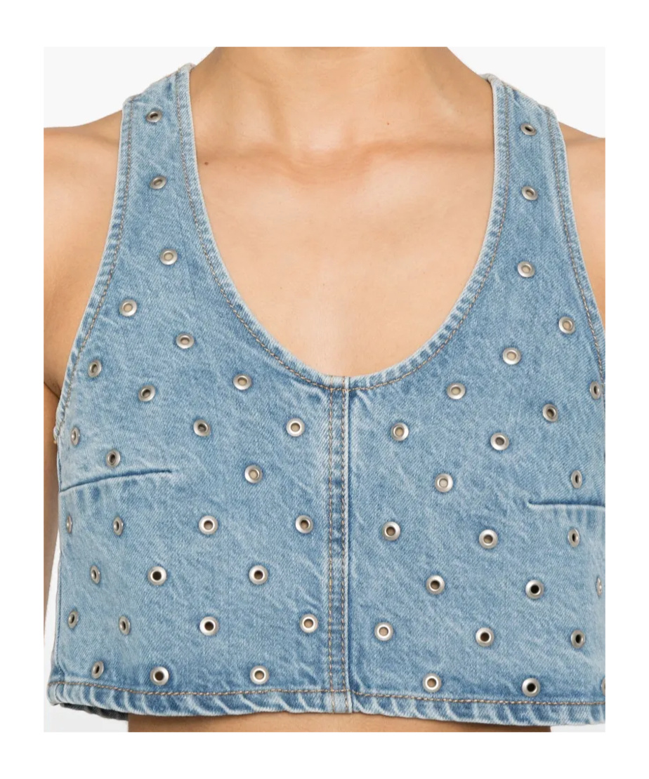 Haikure Cropped Eyelet Sleeveless Top Wide Neckline In Blue