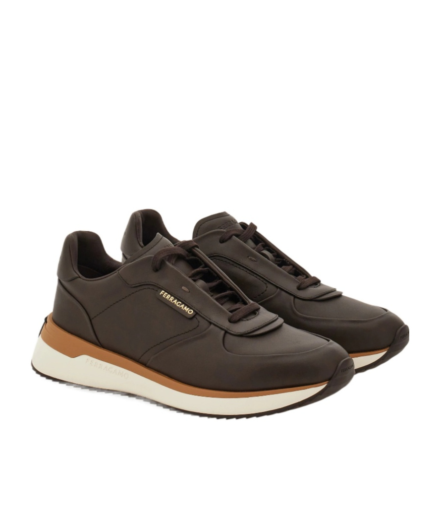 Ferragamo Calfskin Leather Sneakers In Brown