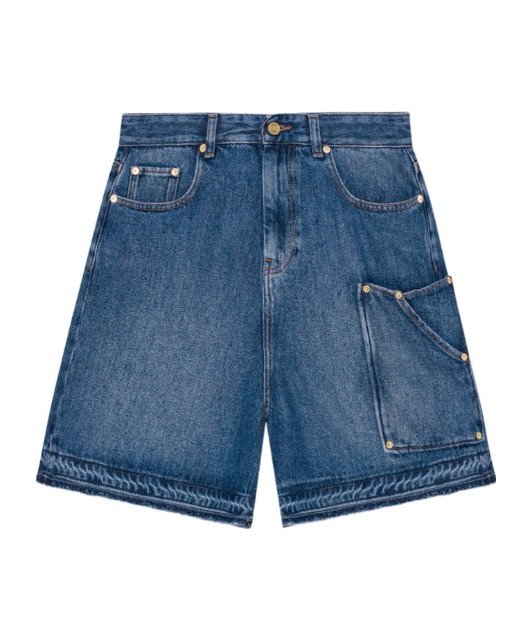Ganni Blue Shorts With Belt Loops And One Front Patch Pocket In Denim Woman In Blue