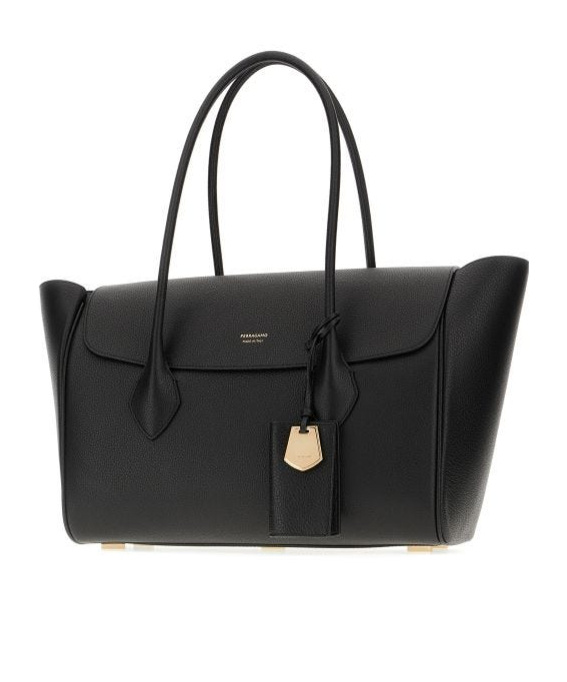 Ferragamo Logo Plaque Tote Bag Black In Black