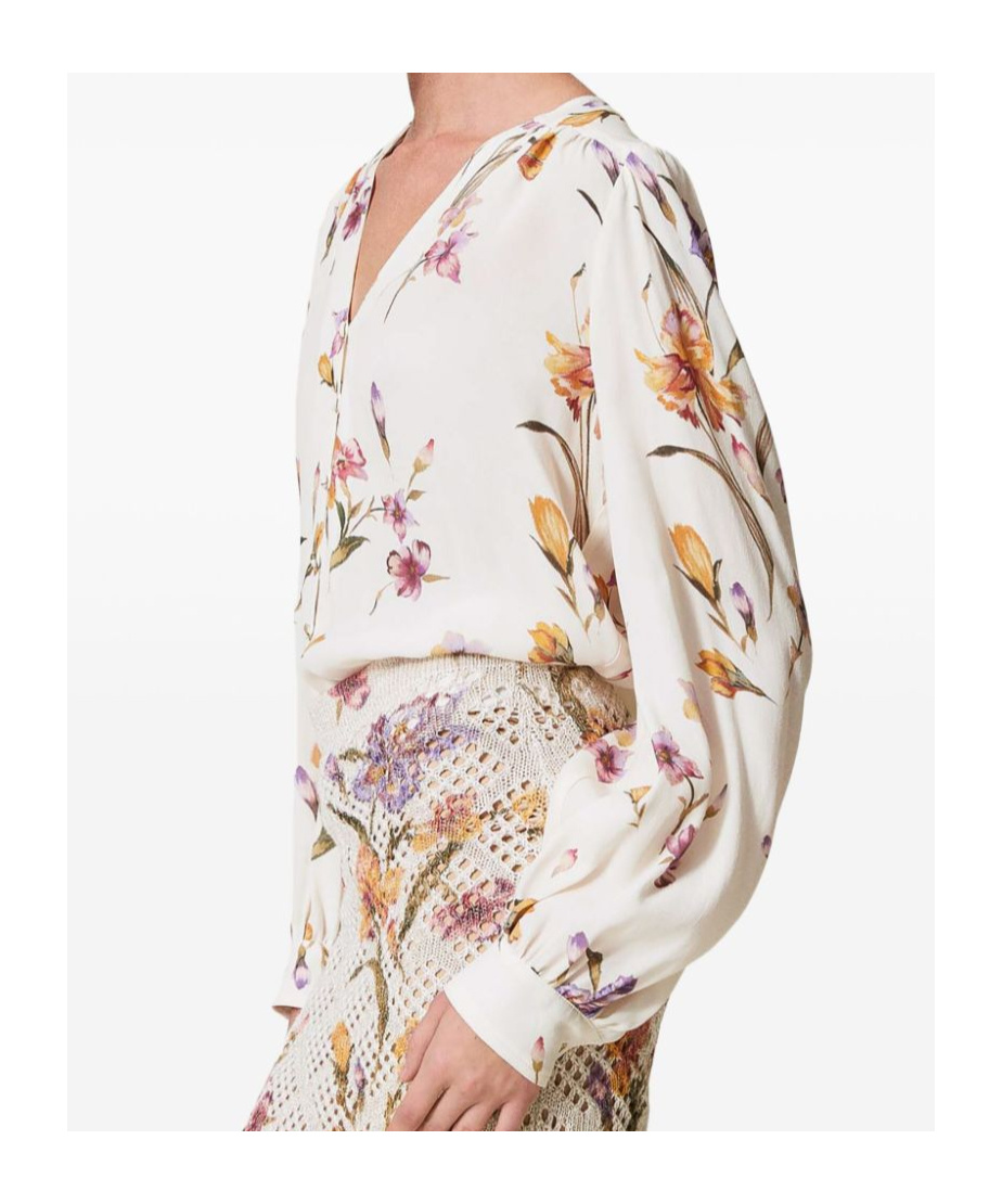 Twinset Twin-set V-neck White Shirt With Floral Print In White