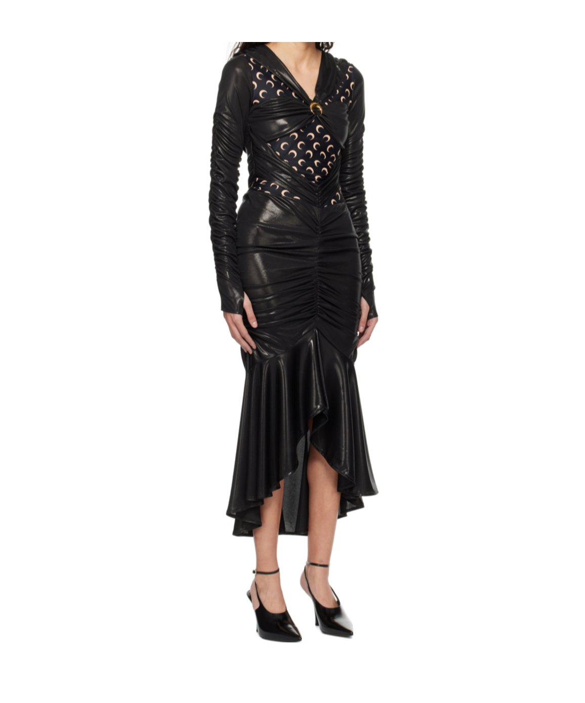 Marine Serre All Over Moon Ruched Jersey Midi Dress In Black