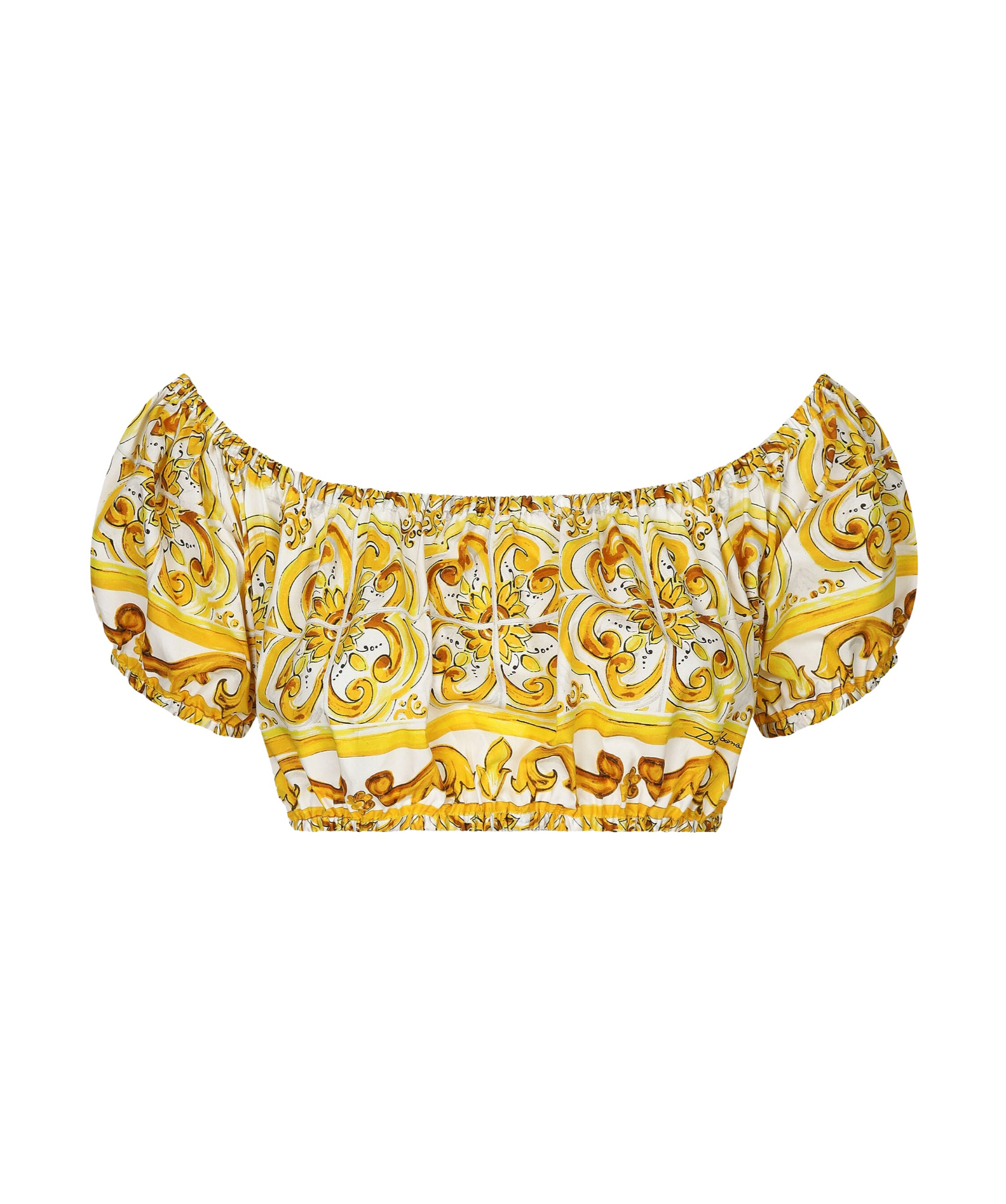 Dolce & Gabbana Cotton Poplin Crop Top With Majolica Print In Yellow