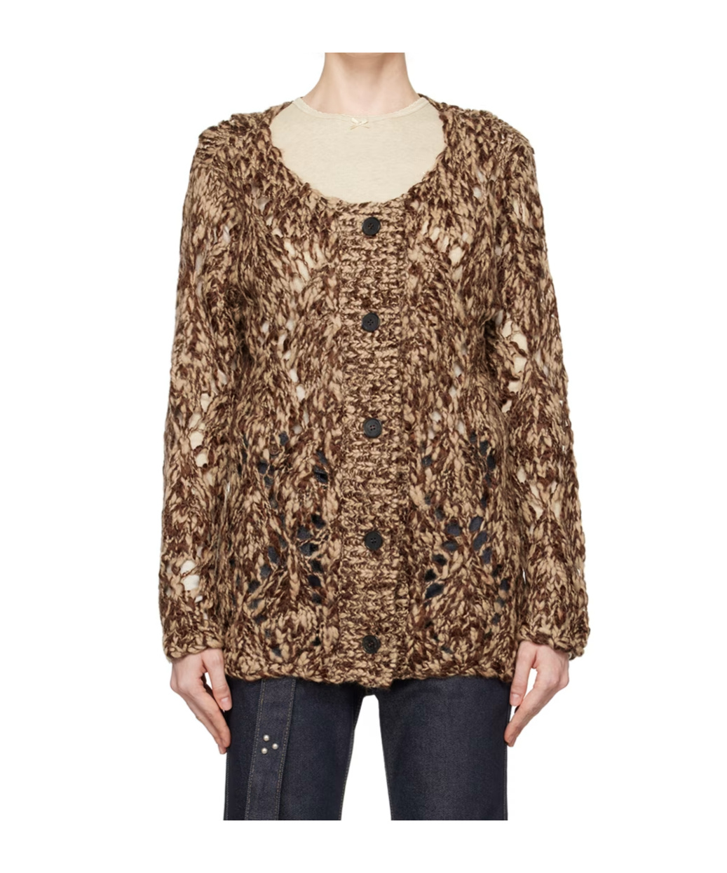 Open Yy Diamond Check Mesh Cardigan In Brown