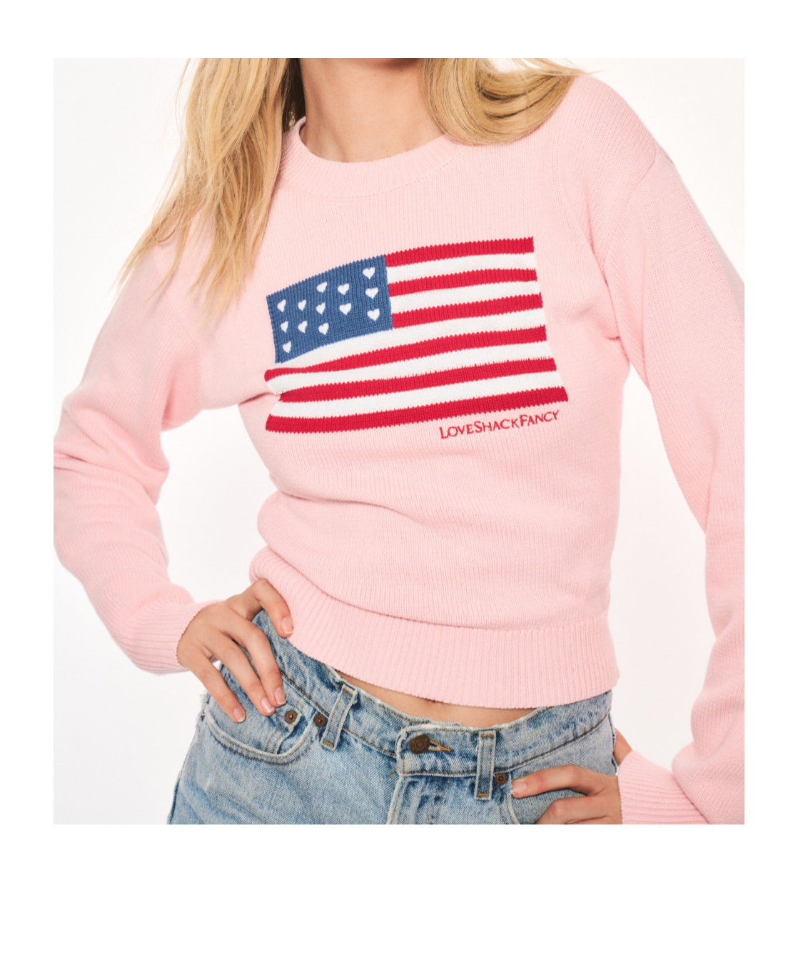 Loveshackfancy Ty Intarsia Flag Cotton Crewneck Sweater In Gold