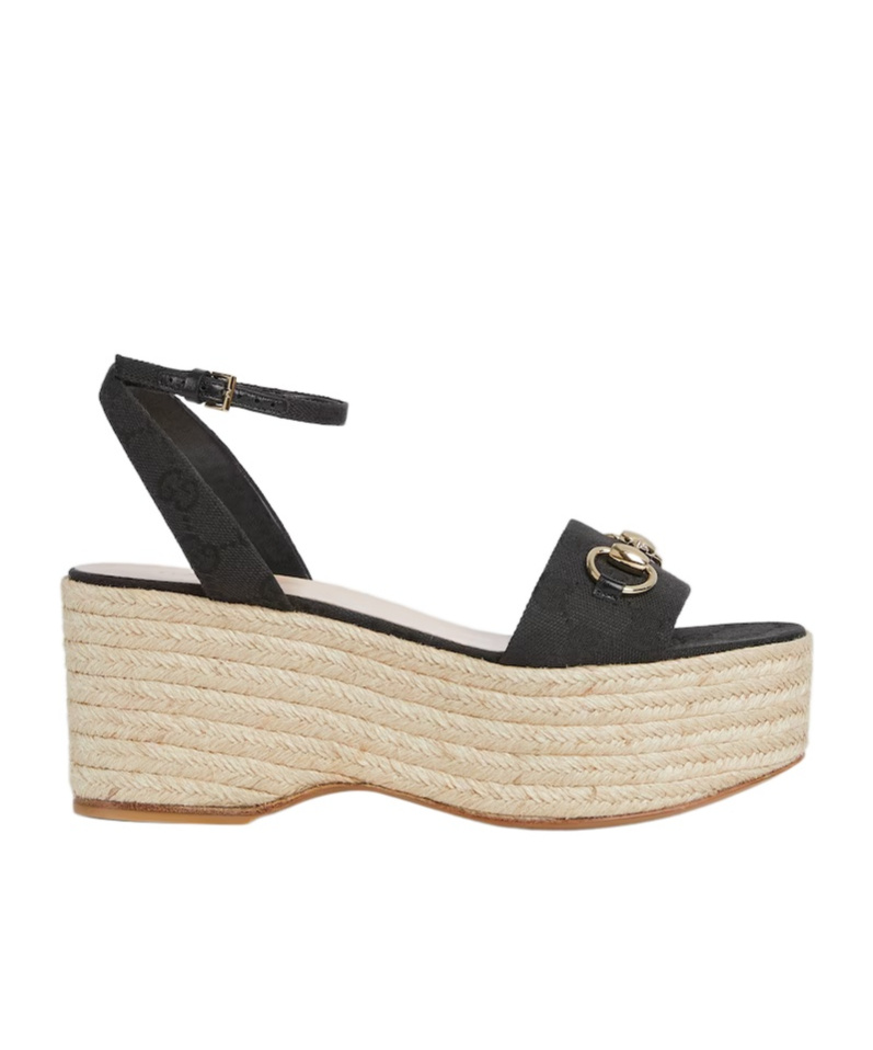 Gucci Lady Horsebit Suede Espadrille Wedges In Black