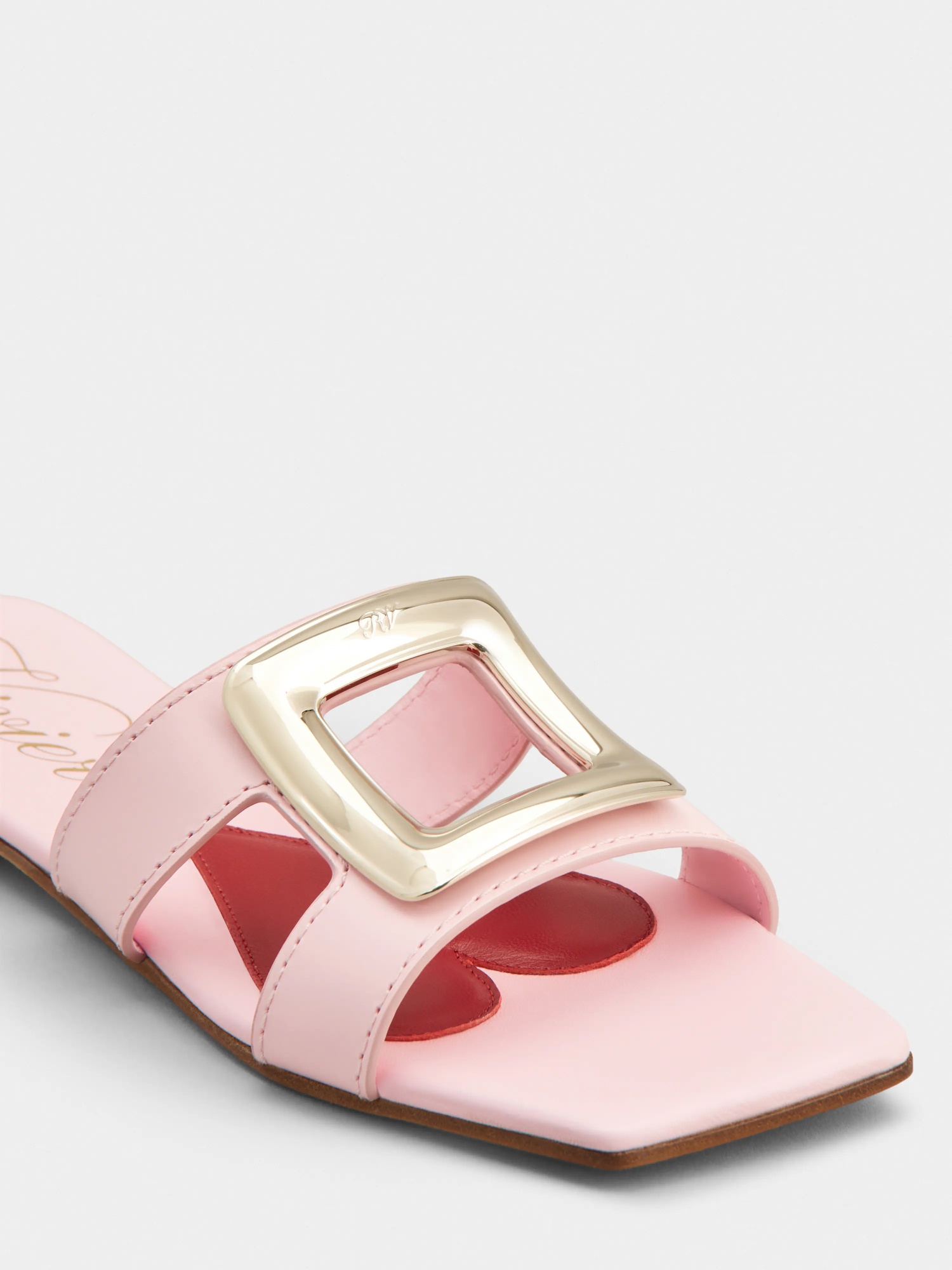 Roger Vivier 5mm New Metal Buckle Leather Slide Flats In Pink