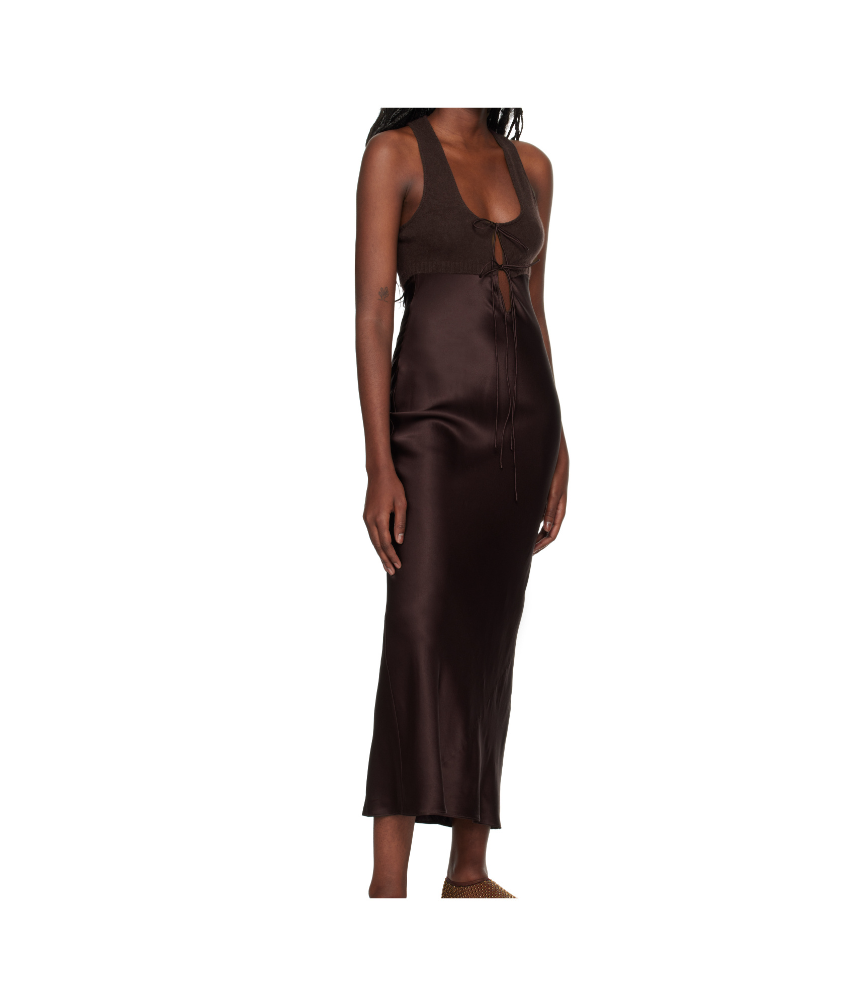 Christopher Esber Womens Mahogany Monument Contrast-knitted-panels Silk Midi Dress In Brown