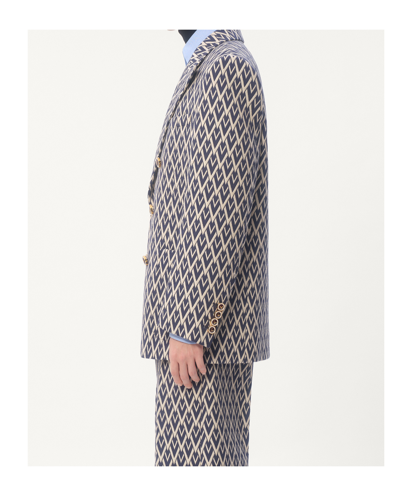 Valentino Double-breasted Wool Jacket With Toute La V Jacquard Pattern In Dark Blue/cream