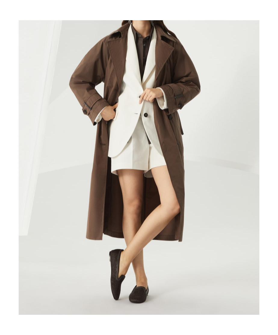 Brunello Cucinelli Brown Water-resistant Taffeta Shiny Details Trench Coat In Brown