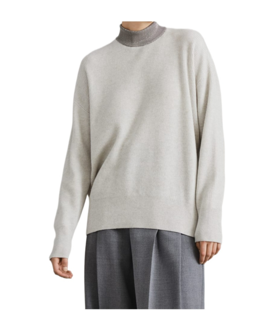 Brunello Cucinelli Mock Neck Long Sleeved Knitted Jumper In Gray