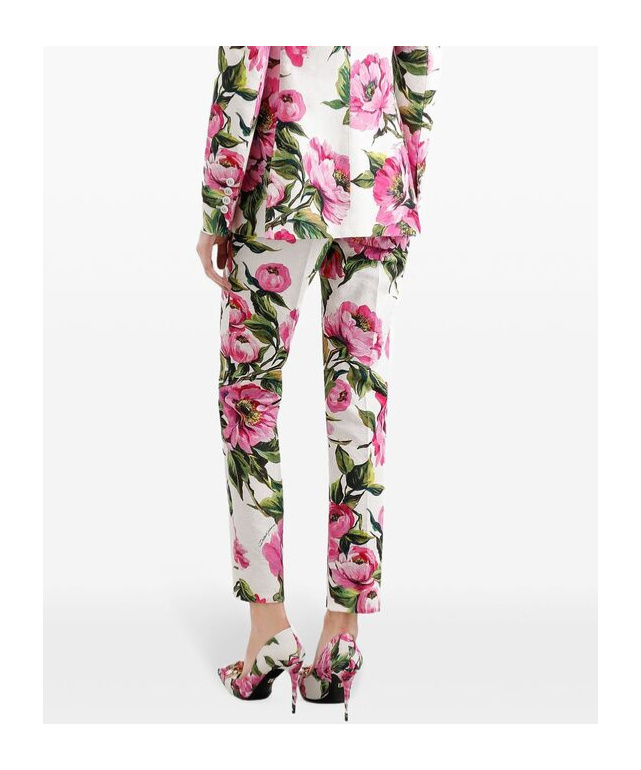 Dolce & Gabbana Peony Print Straight-leg Ankle Pants In Multicolor