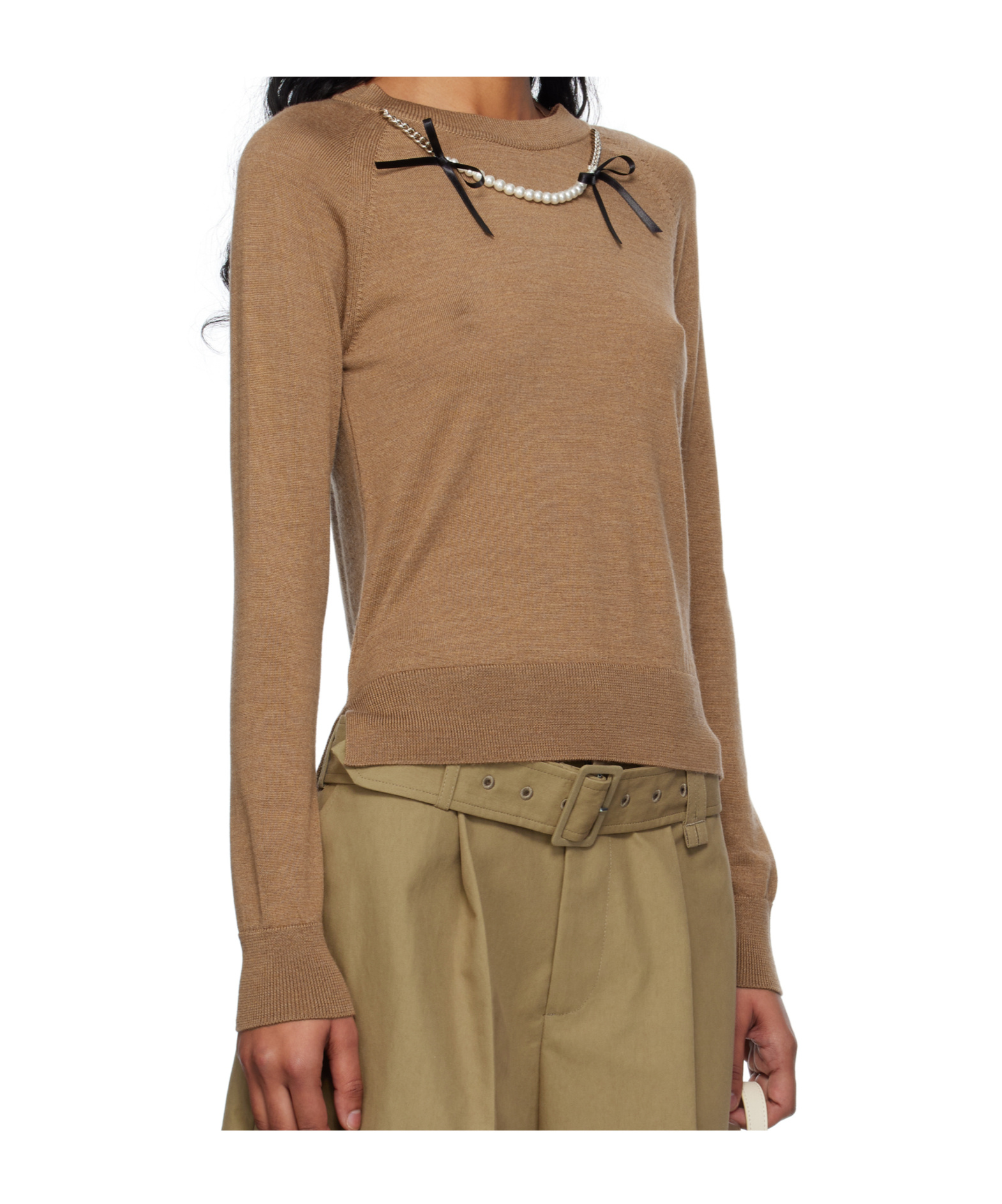 Simone Rocha Fitted Long-sleeve Sweater With Pearl Accents And Ribbon Detail In Brown