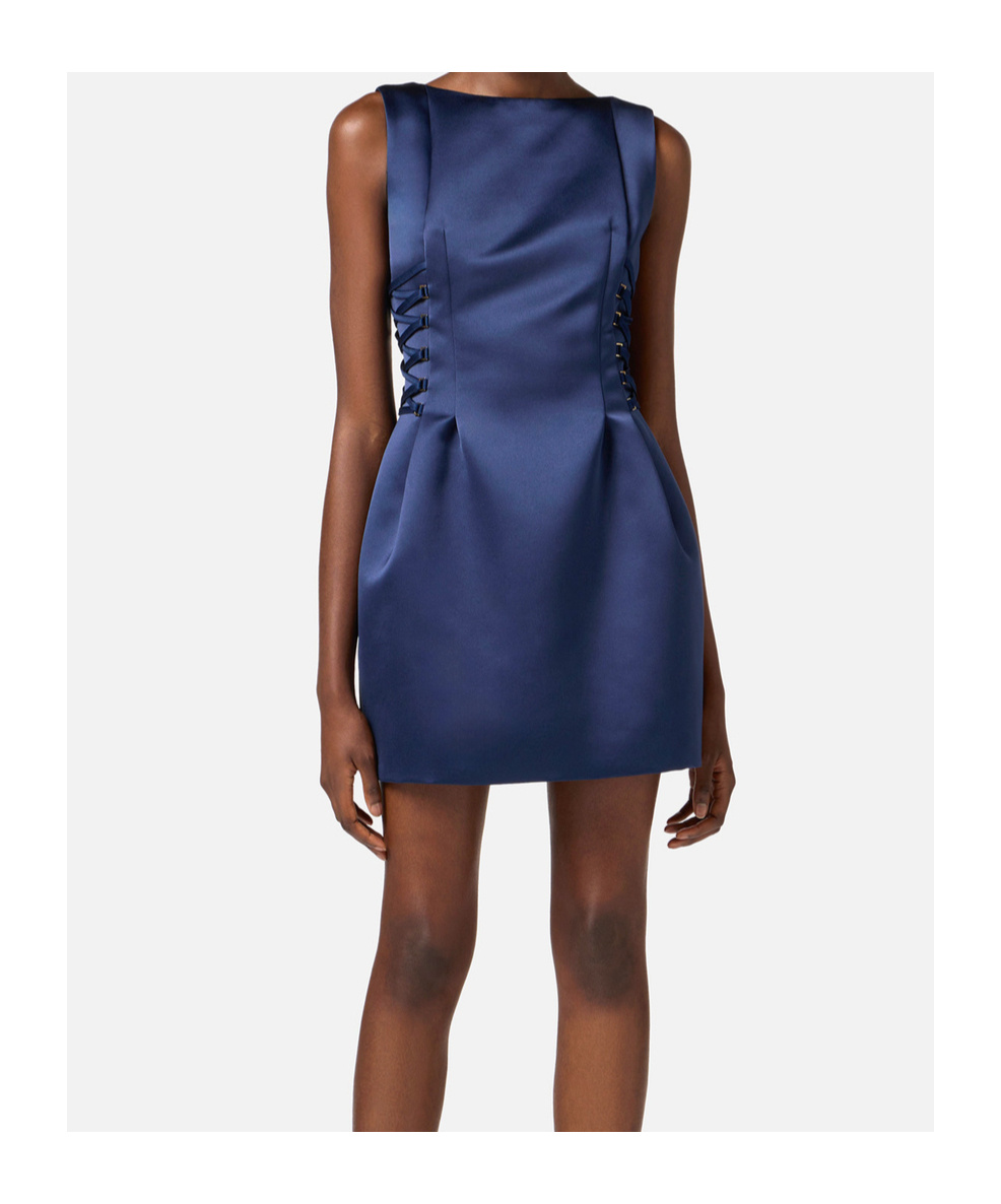 Elisabetta Franchi Duchess Dress With Boat Neckline And Laces In Blue
