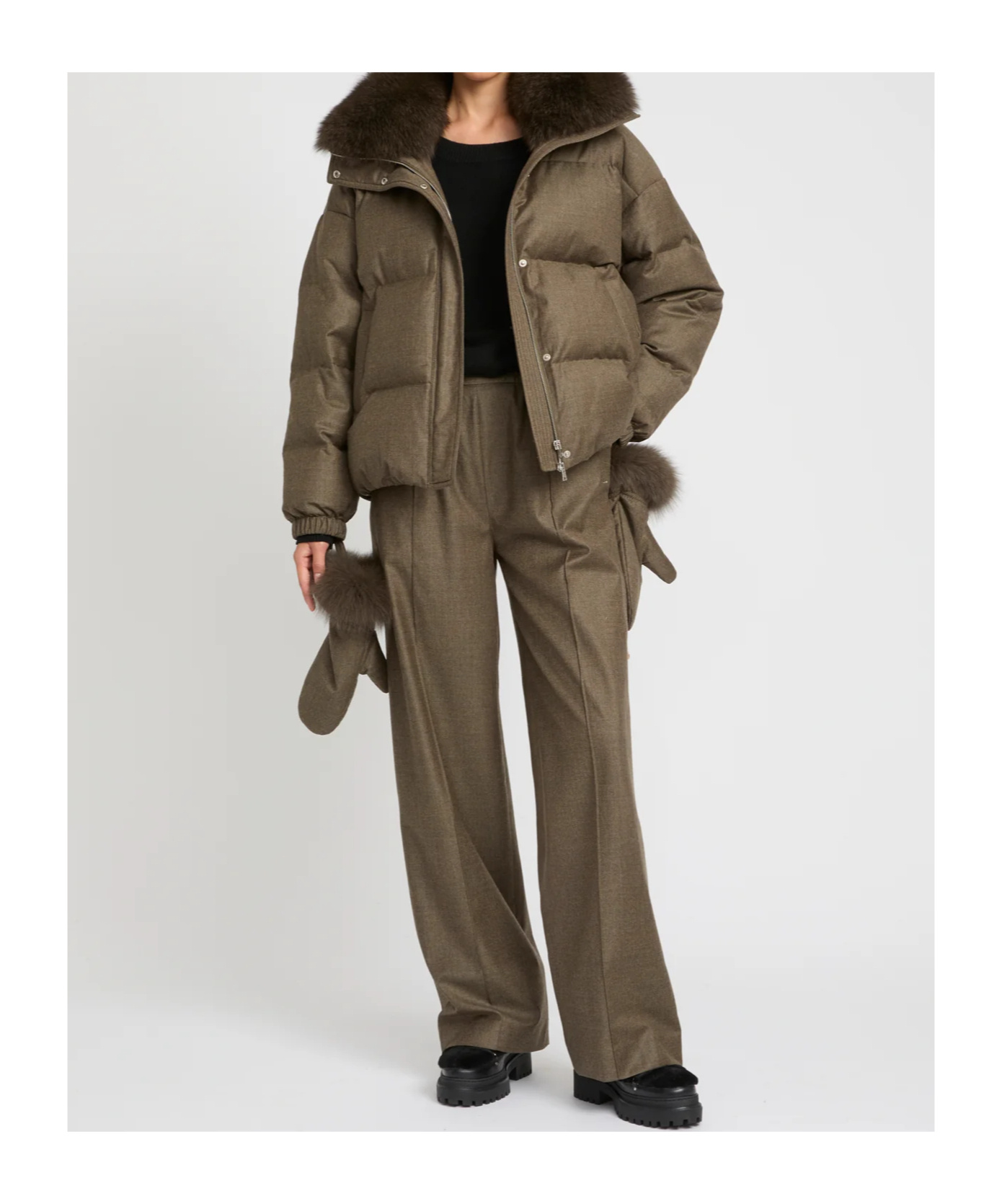 Yves Salomon Short Down Jacket With Detachable Fox Fur Collar And Mittens In Brown