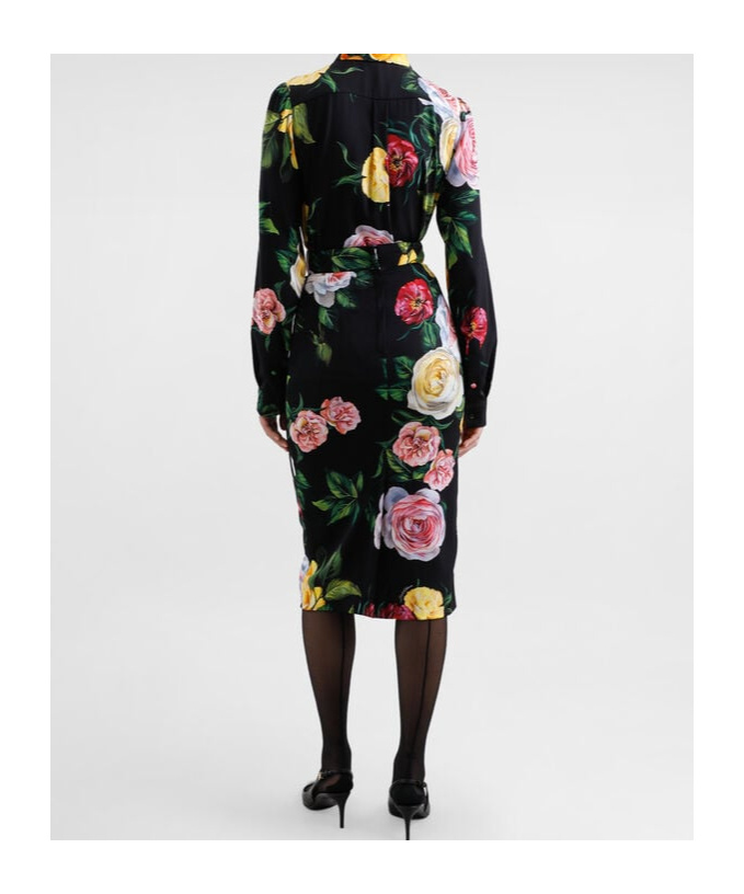 Dolce & Gabbana Multicolor Shirt With Oversize Pointed Collar And All-over Floral Motif In Silk Stretch Woman In Black