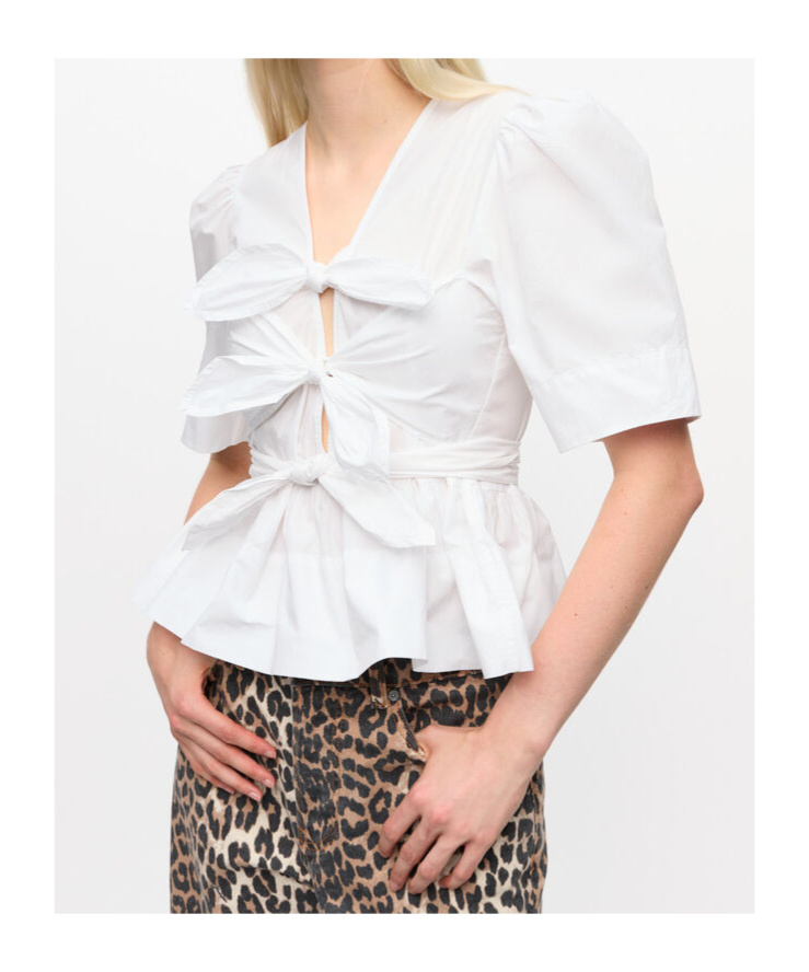 Ganni Belted Tie-detailed Gathered Cotton-blend Poplin Blouse In White