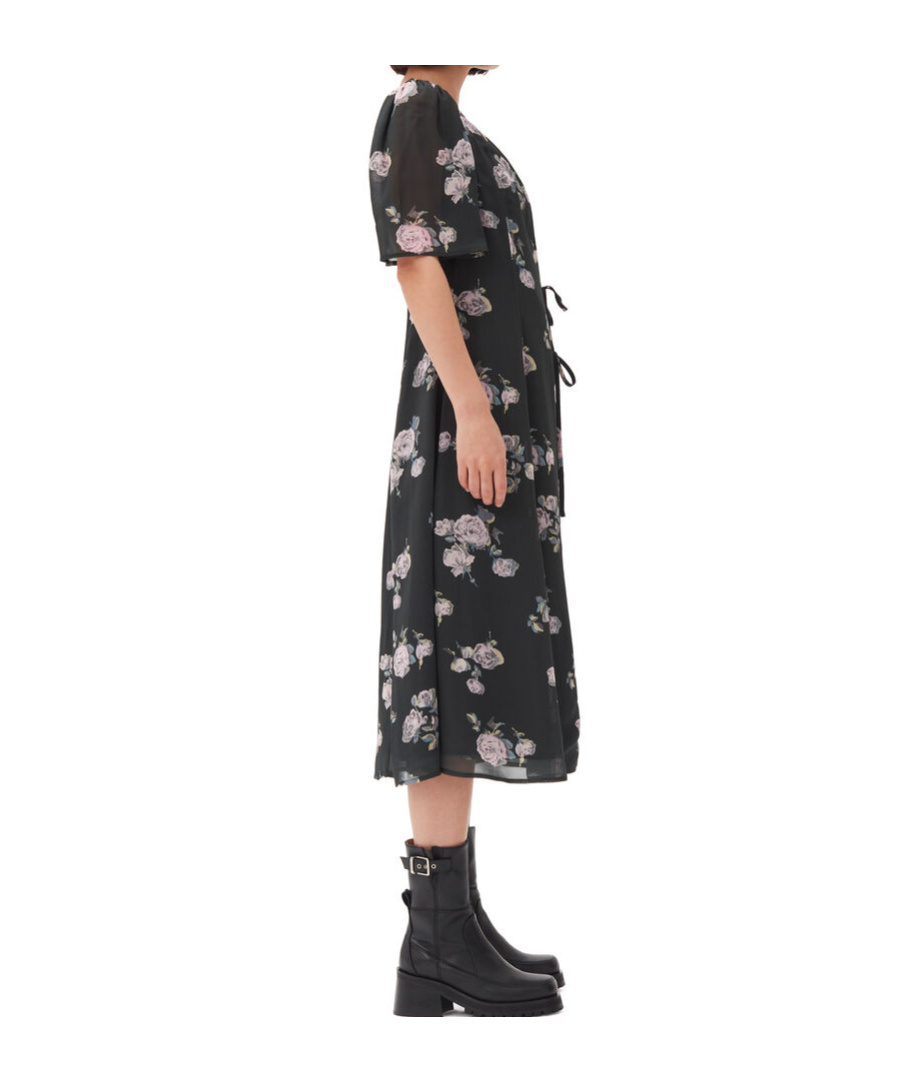 Ganni Floral-print Crepe Wrap Midi Dress In Black