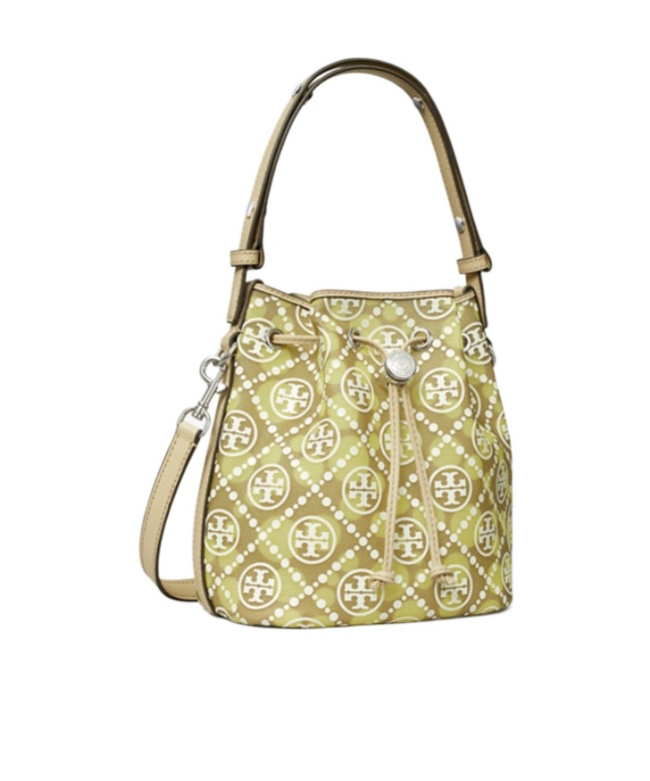 Tory Burch T Monogram Mesh Dot Bucket Bag In Khaki / Honey Dew