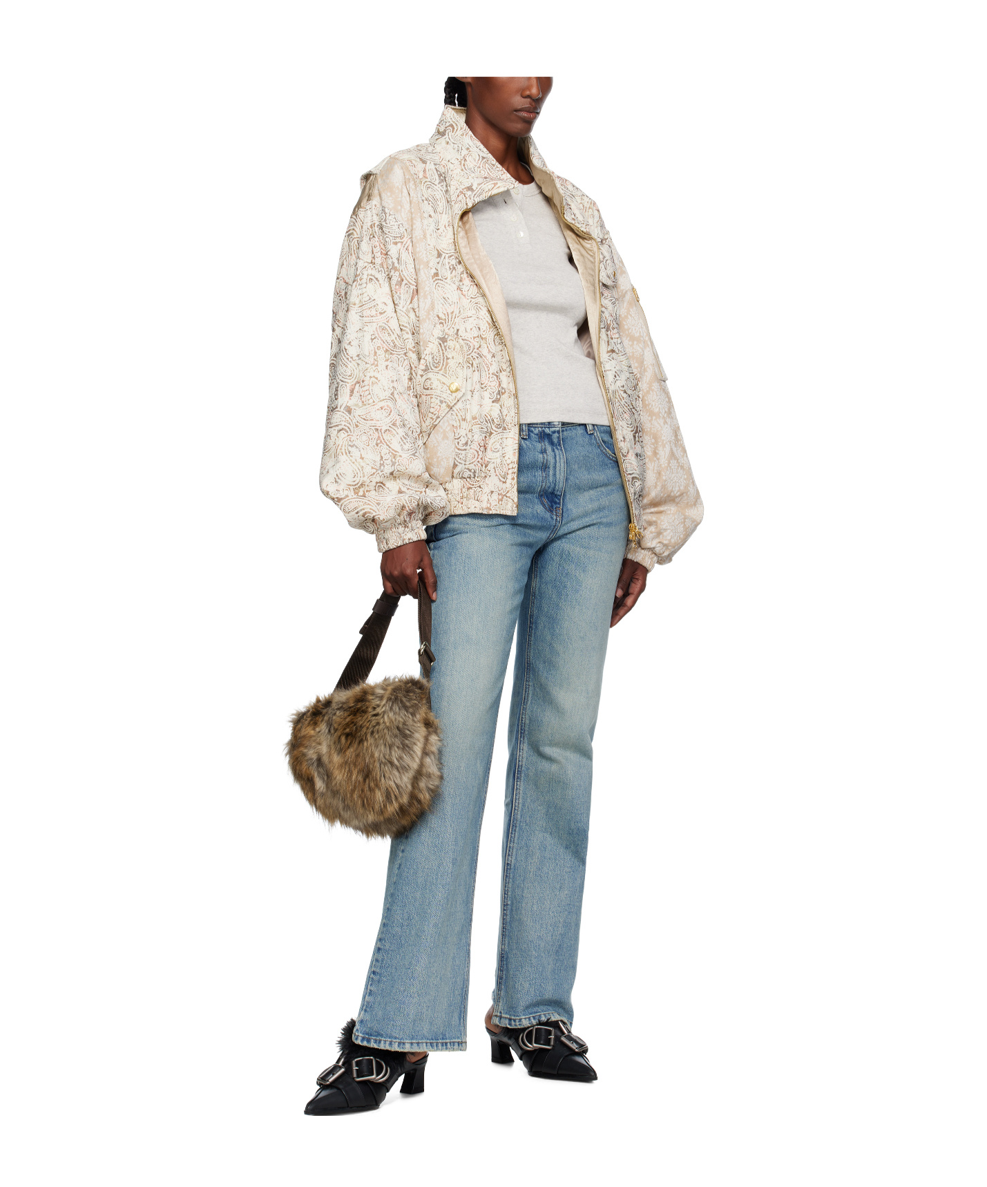 Open Yy Paisley Cargo Bomber Jacket In Neutral