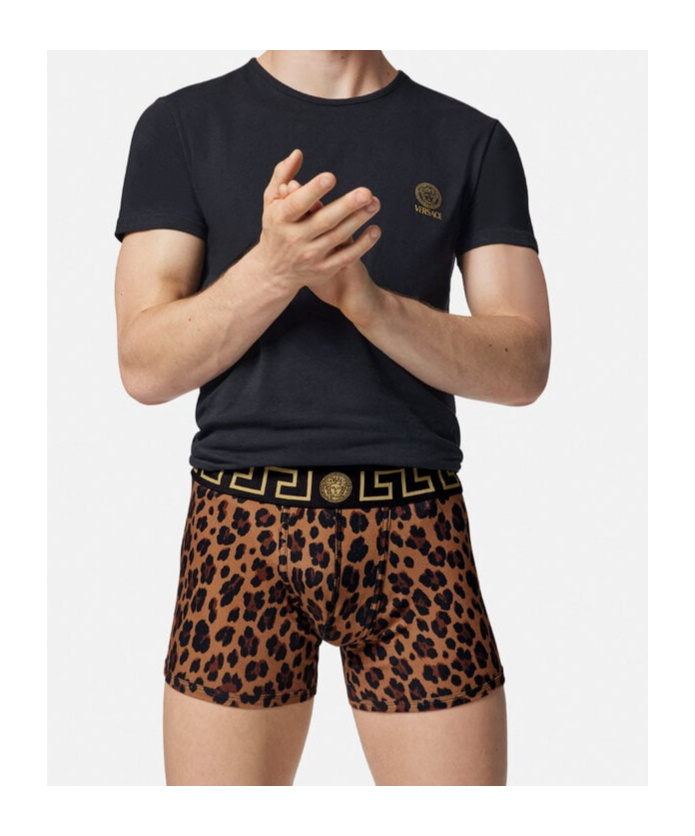 Versace Greca Border Leopard-print Boxers In Black