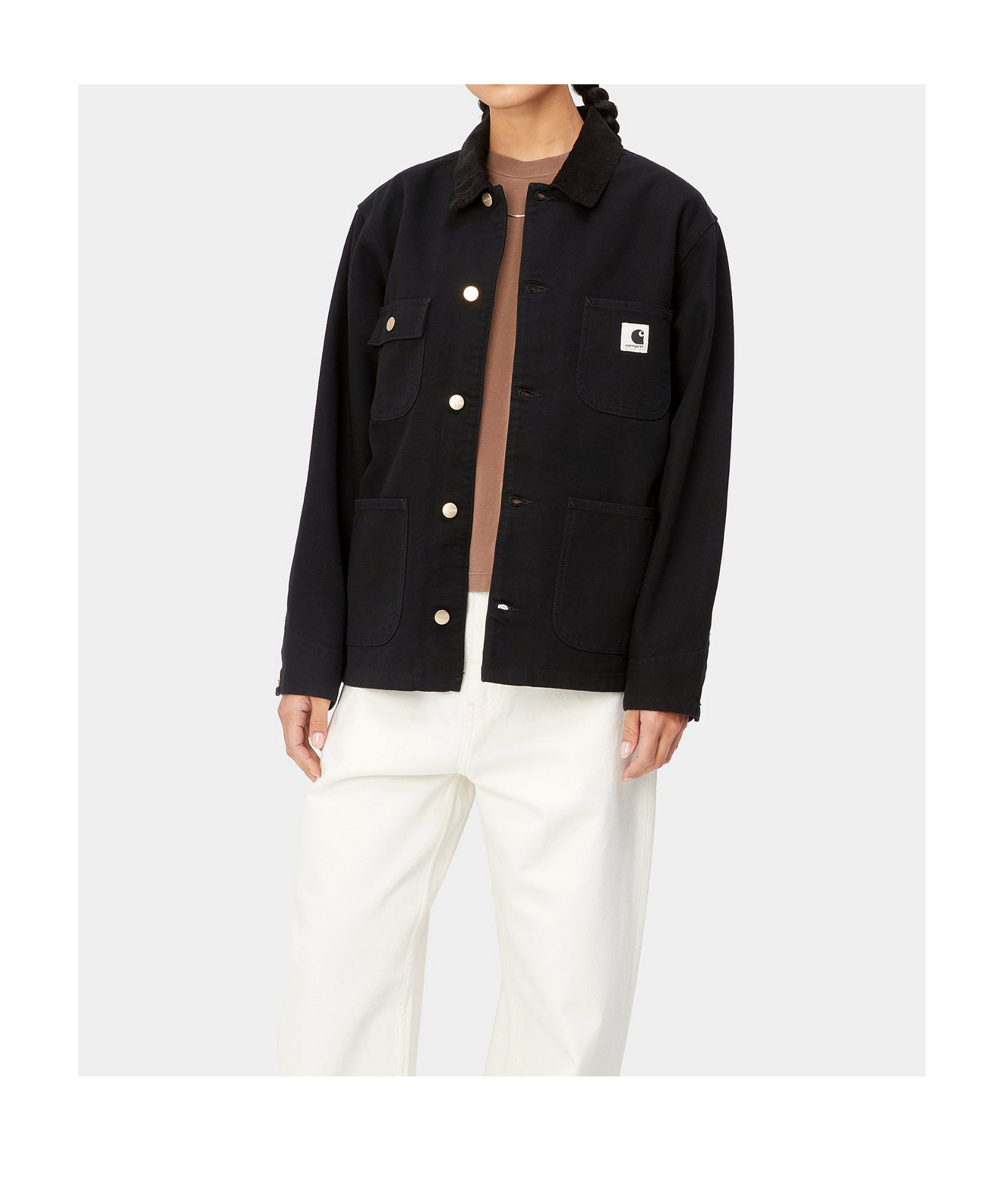Carhartt Structured Short Coat With Button-up Front And Flap Pockets In Black