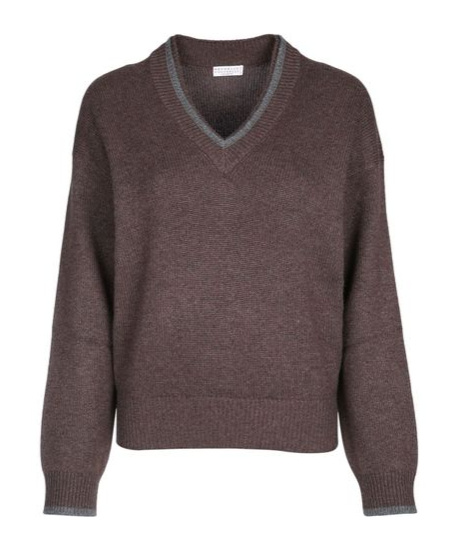 Brunello Cucinelli Ribbed V-neck Top Contrast Trim In Brown