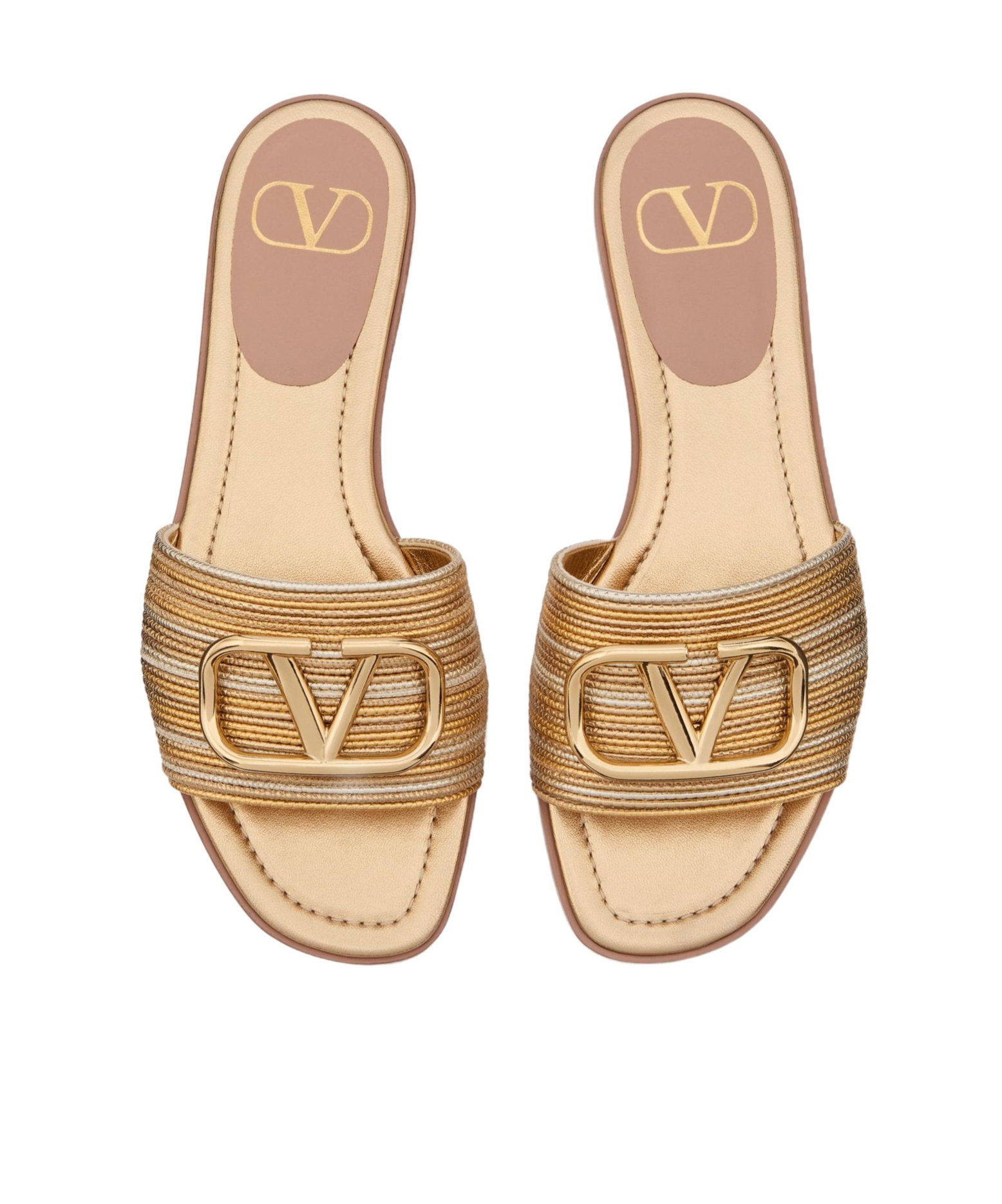 Valentino Garavani Vlogo Signature Metallic Leather Slide Sandal With Cornely Embroidery Woman Gold  In Nude