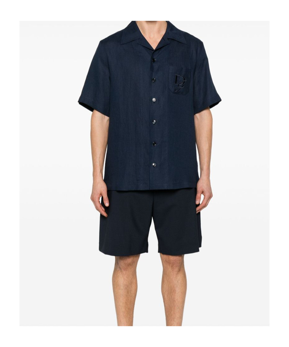Dolce & Gabbana Blue Linen Short-sleeve Shirt With Pocket In Black