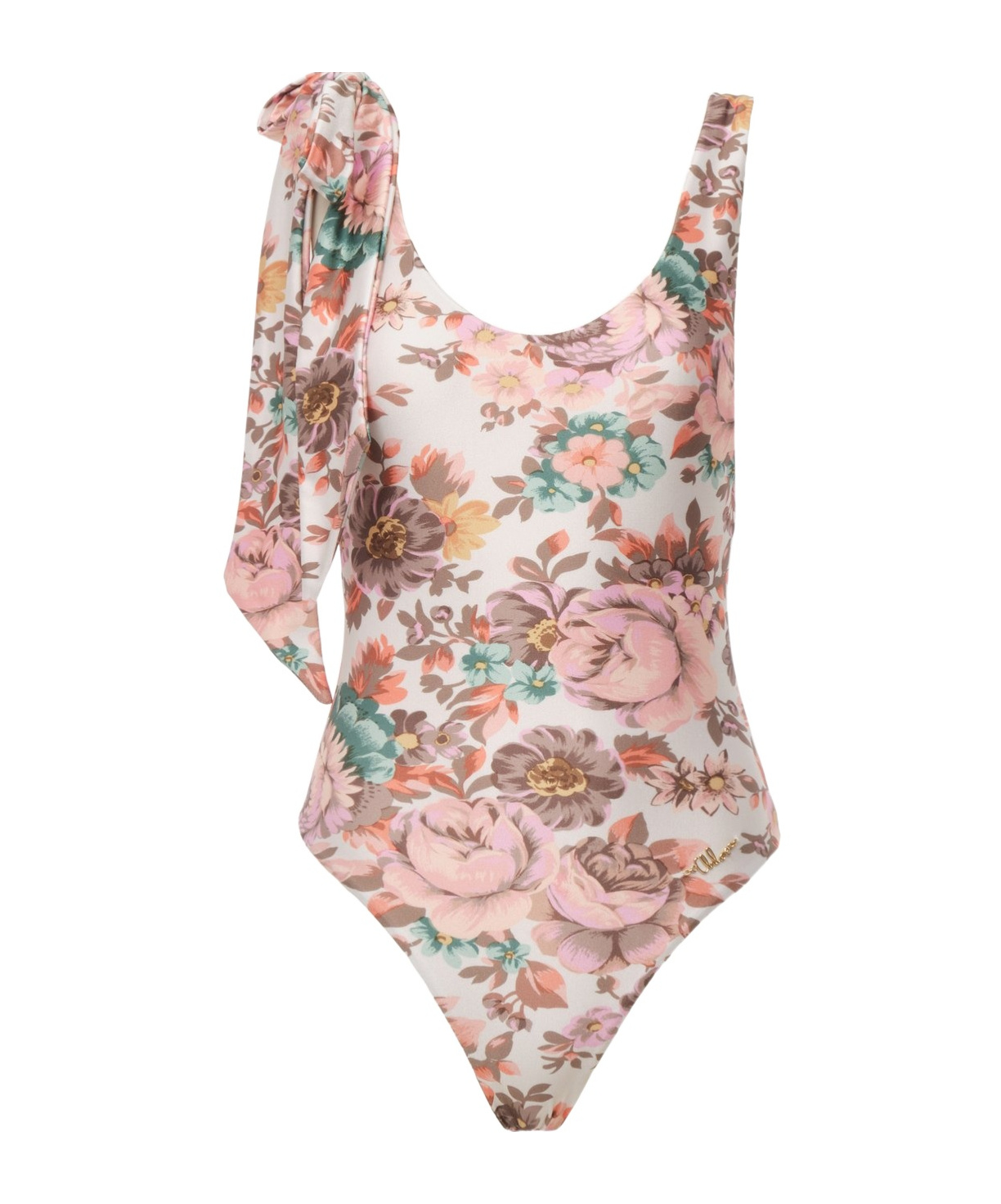 Chloé Bow-embellished Floral-print Swimsuit In Pink