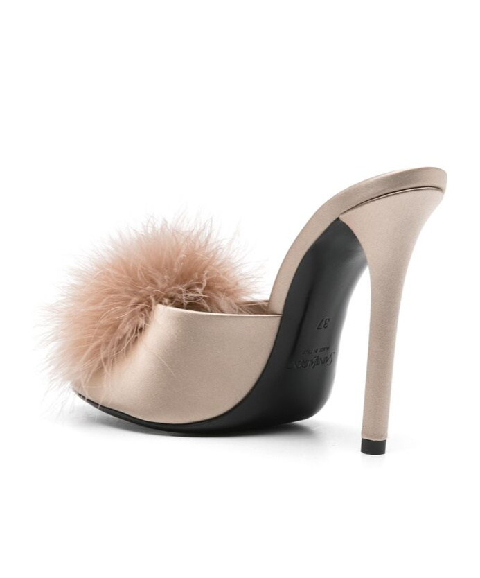 Saint Laurent Goldie Feather-trimmed Satin Mules In Nude