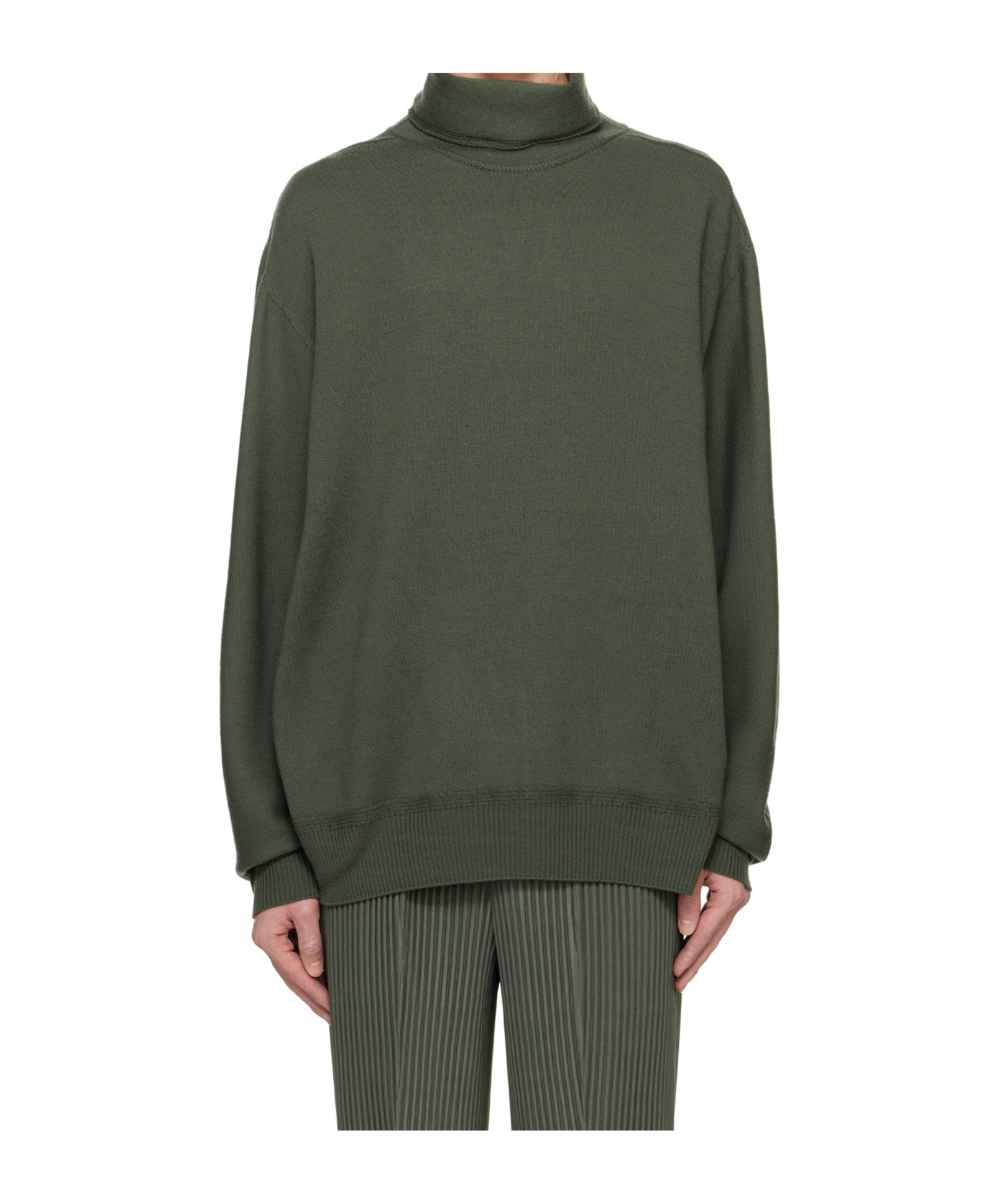 Issey Miyake Khaki Wool Smooth Knit Turtleneck In Black