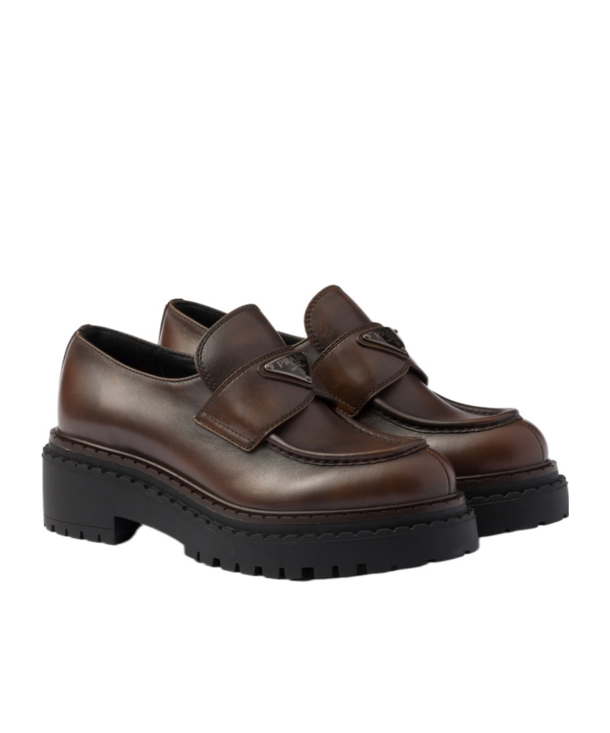 Prada Chocolate Cognac Brushed Leather Moccasin Women In Brown